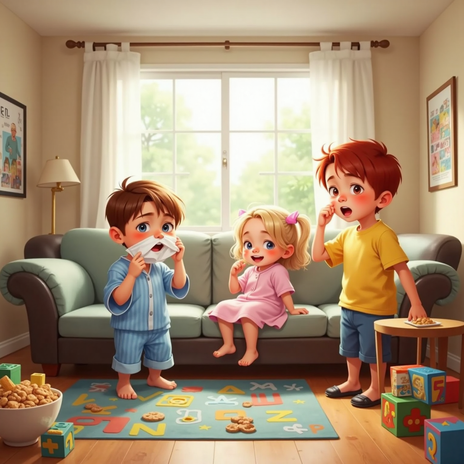 Inside a sunny living room, Finn sneezes into a crumpled tissue while Sister giggles beside him and Ollie pinches his nose, morning light streaming through the window onto the couch.