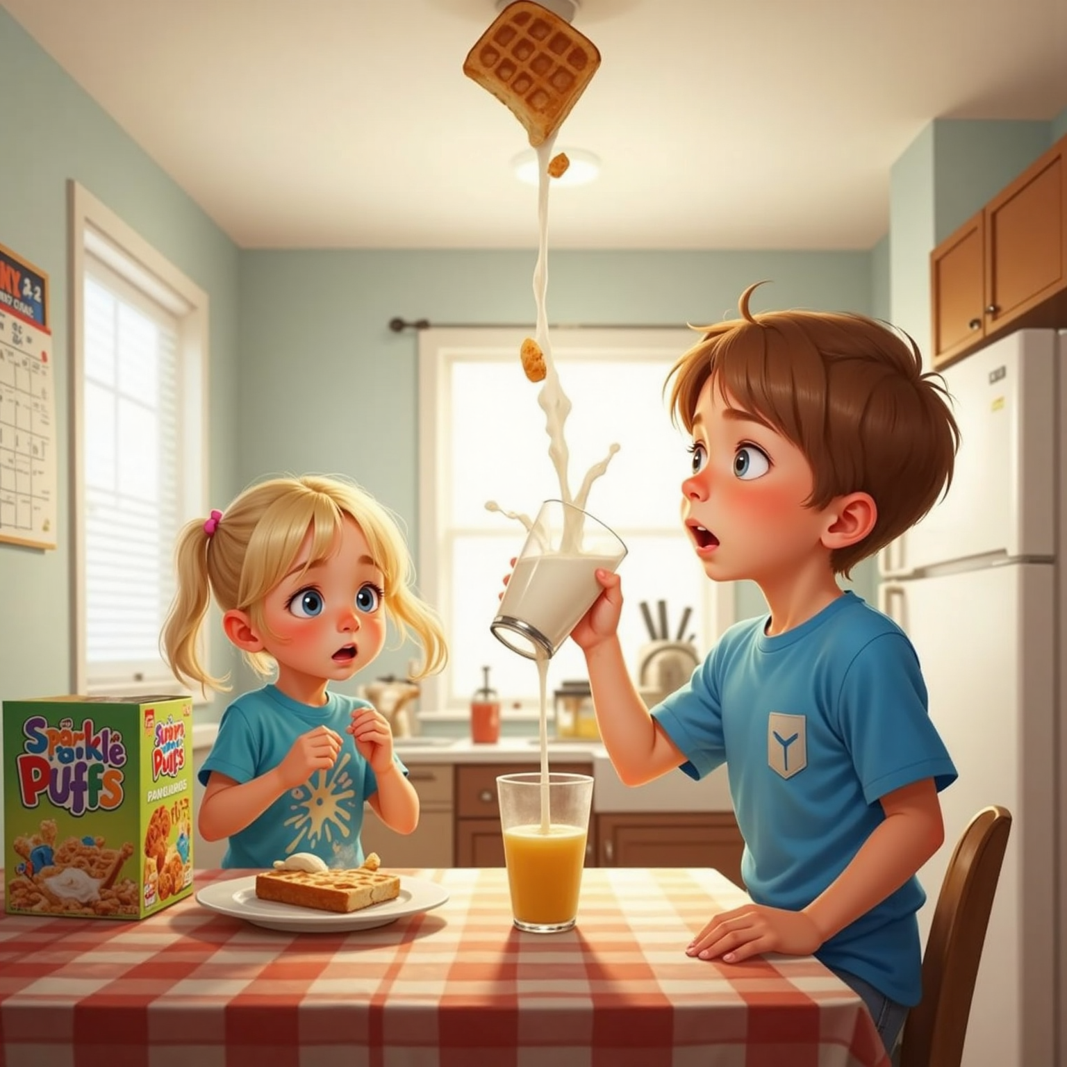 Morning sunlight fills the family kitchen as Finn sneezes, milk erupting from his glass. A slice of toast sticks comically to the ceiling while Sister stares wide-eyed and Ollie doubles over laughing.