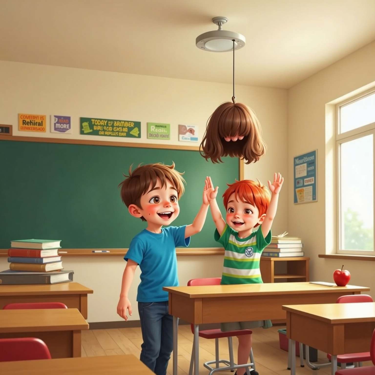 Sunlit classroom rows frame Finn grinning after a mighty sneeze, a brown wig suspended above the teacher’s desk. Ollie raises his hand for a triumphant high-five while colorful posters line the chalkboard.