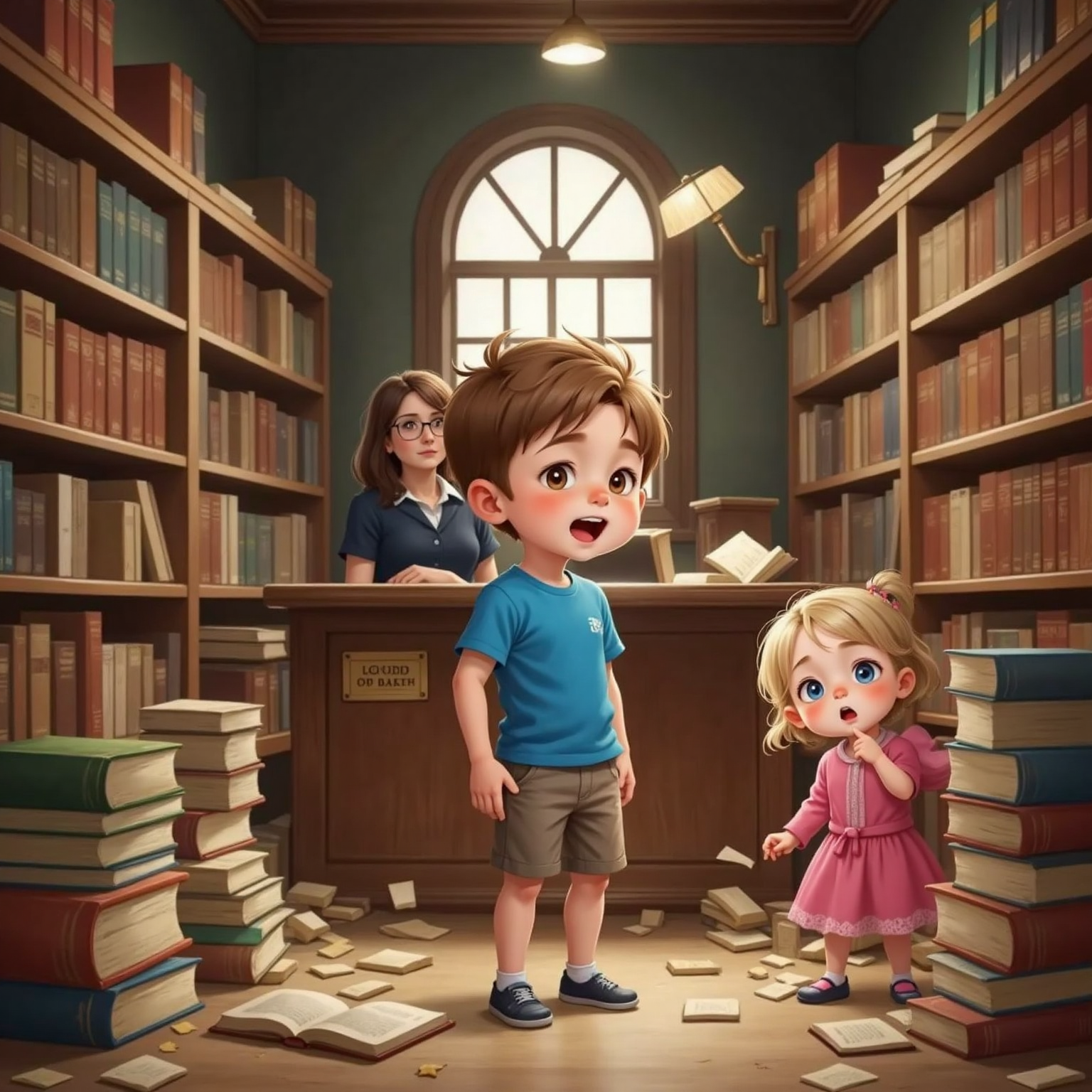 Dim afternoon light filters between tall library shelves as Finn stands wide-eyed amid cascading books. Near him, Sister puts a finger to her lips while a bespectacled librarian peeks from behind a counter.