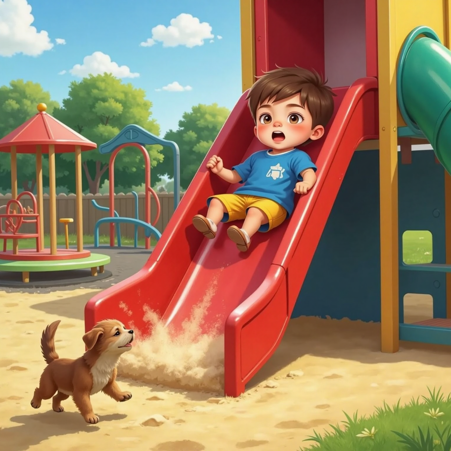 Under bright playground sunlight, Finn rockets down a tall red slide, a small puff cloud behind him. At the slide’s base, Dog bounds after him, sand scattering around colorful climbing frames.