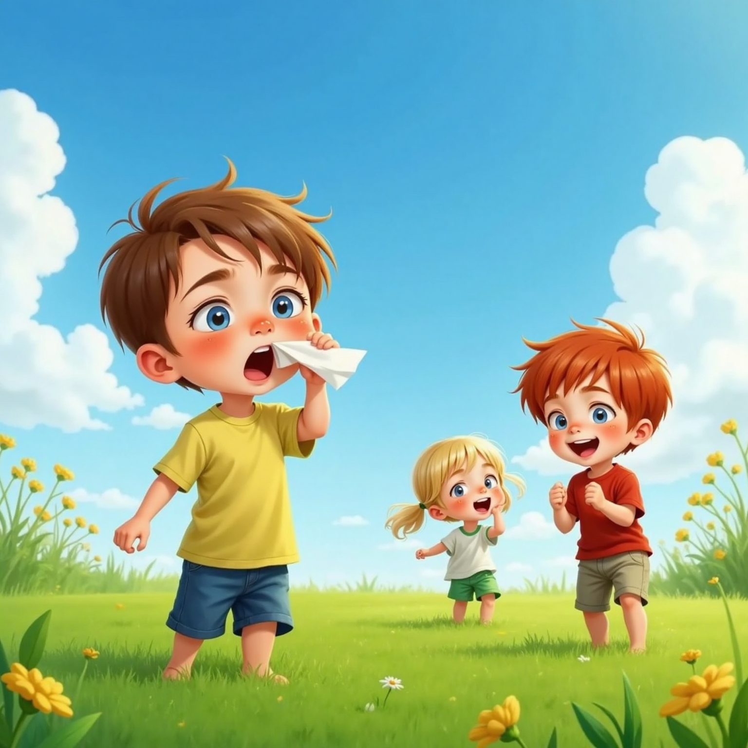 In a sunny open field, Finn pauses mid-sneeze, waving a white tissue like a flag. Ollie lunges toward him with a playful grin while Sister laughs nearby, tall grass swaying under clear blue sky.