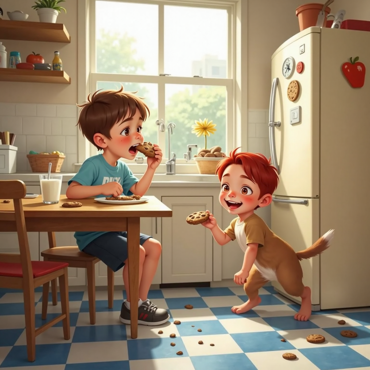 Soft afternoon light spills across the kitchen as Finn sneezes mid-bite, cookie crumbs bursting outward. Ollie ducks with a grin while Dog eagerly snaps up showers of crumbs on the tile floor.