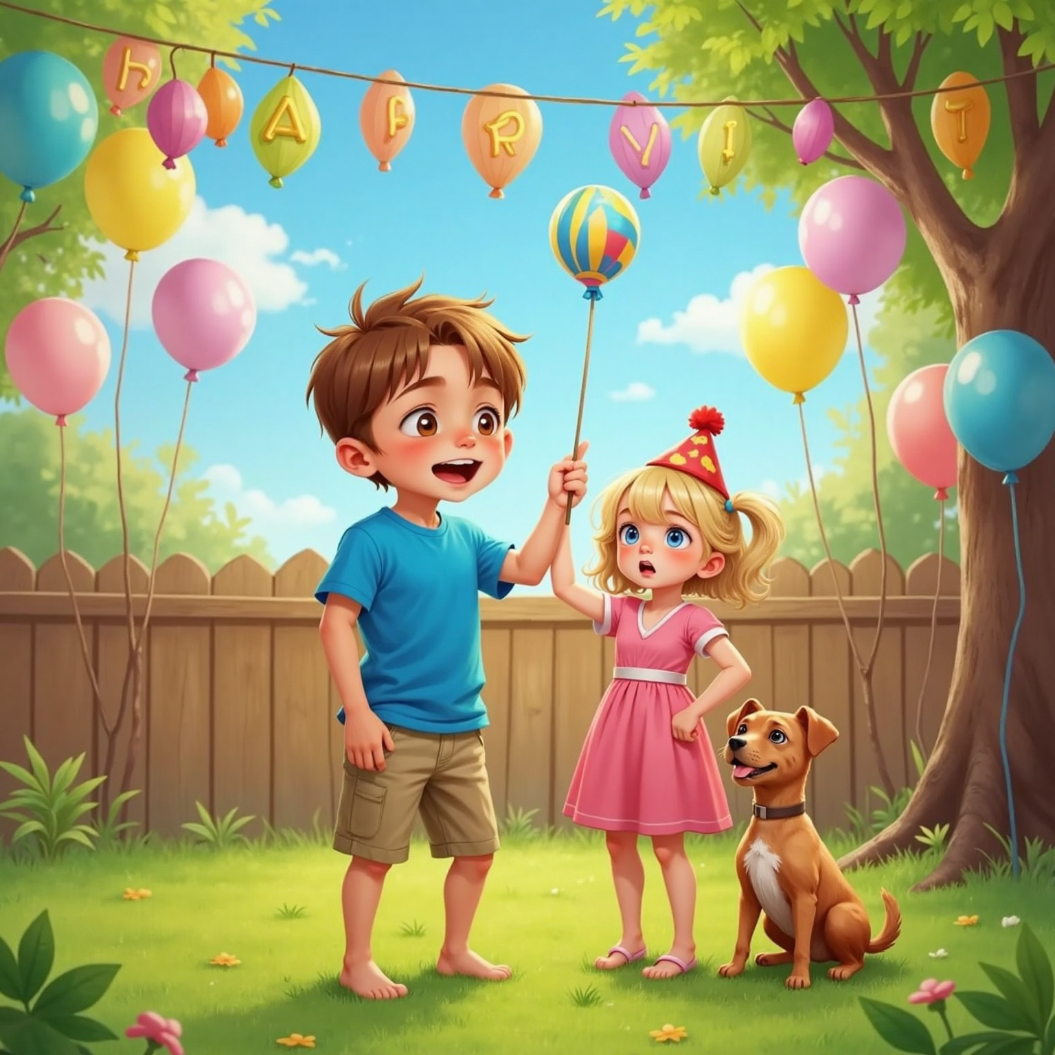 Colorful afternoon party lights dappling the backyard, Finn stands center after a sneeze as rainbow balloons drift upward. Sister reaches high to snag one while Dog sits proudly nearby wearing a wobbly balloon hat.