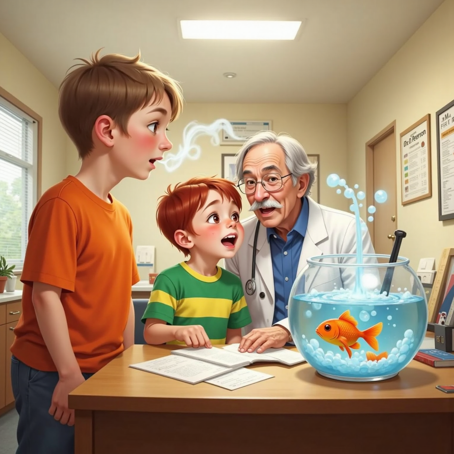 Bright fluorescent light fills the clinic office where Finn finishes a giant sneeze beside a desk. A surprised doctor in a white coat gapes as bubbles rise in the goldfish bowl and Ollie leans in, whispering admiringly.