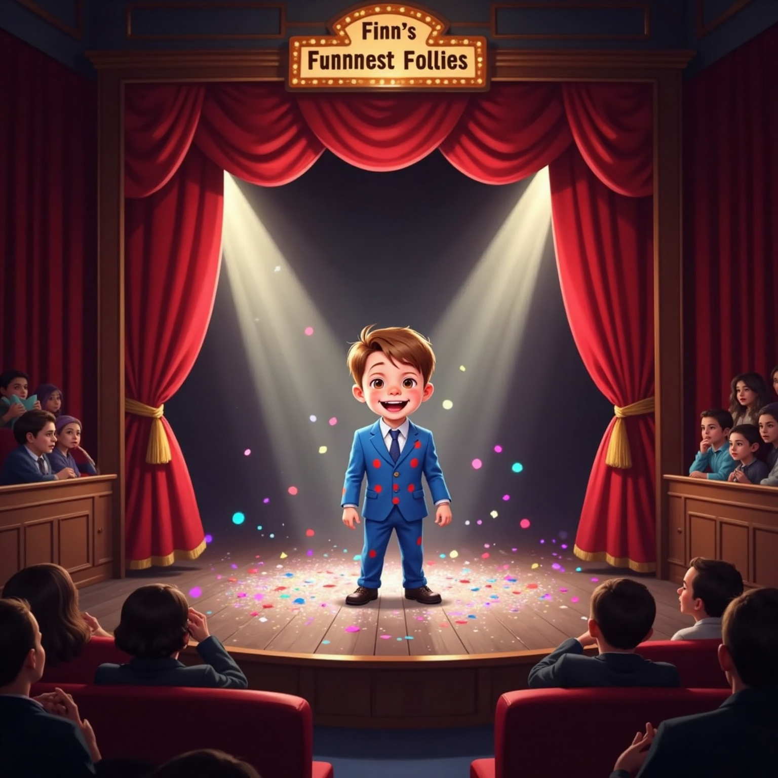 Spotlights beam onto a small theater stage as Finn stands front-and-center, curtain billowing behind him from a sneezy whoosh. Rows of silhouetted spectators clutch their stomachs in laughter, scattered confetti gleaming in the light.