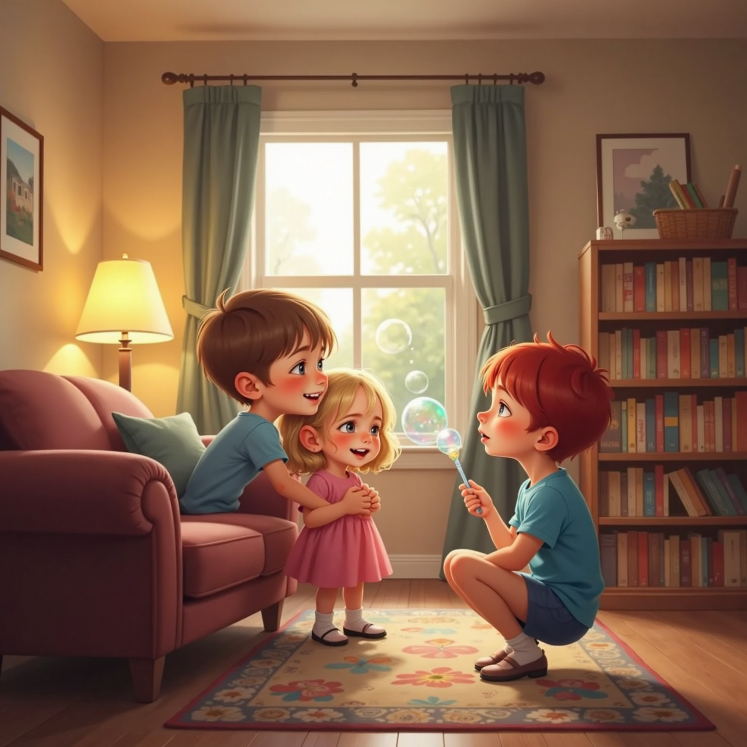 Soft evening lamplight fills the living-room as Finn smiles within a warm hug from Sister. Nearby, Ollie blows shimmering soap bubbles that drift above the couch and reflect rainbow hues.