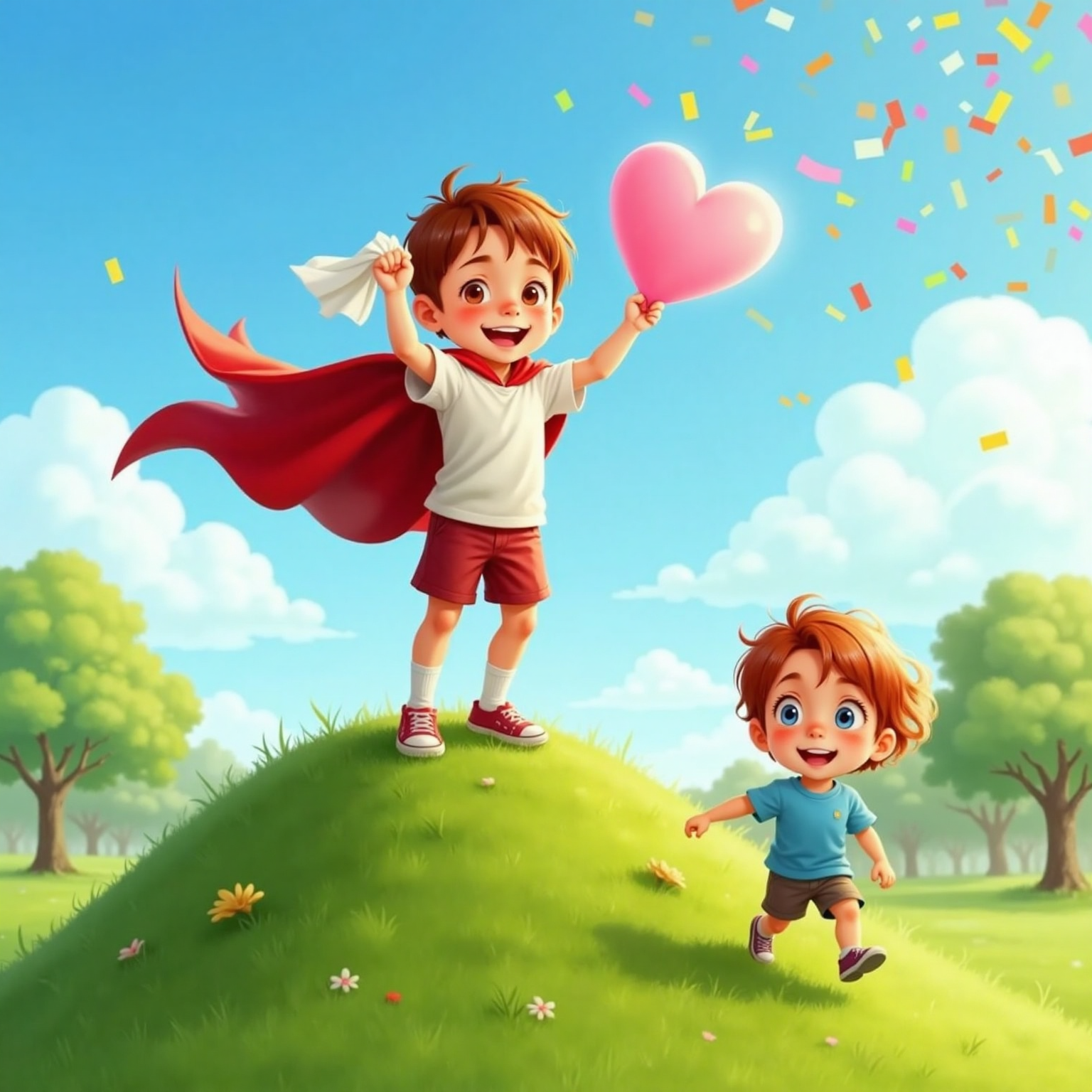 Under a bright blue sky in the park, caped Finn stands atop a small hill, tissue aloft, a pink heart-shaped cloud puffing behind him. Sister and Ollie rush forward with cheering smiles, confetti fluttering through sunlight.