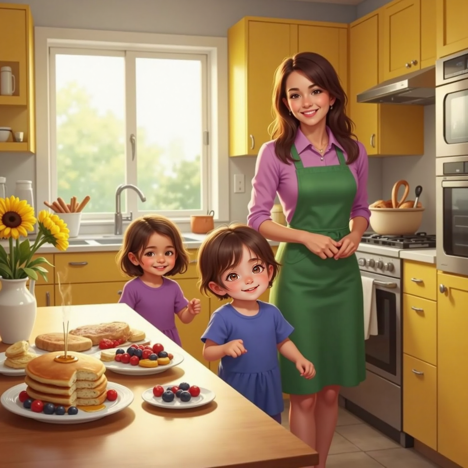 In the sunny kitchen morning light, Mom stands by the stove smiling, while Bella finishes a cheerful twirl near the breakfast table and Ari giggles beside her, both girls mid-run toward steaming plates of pancakes.