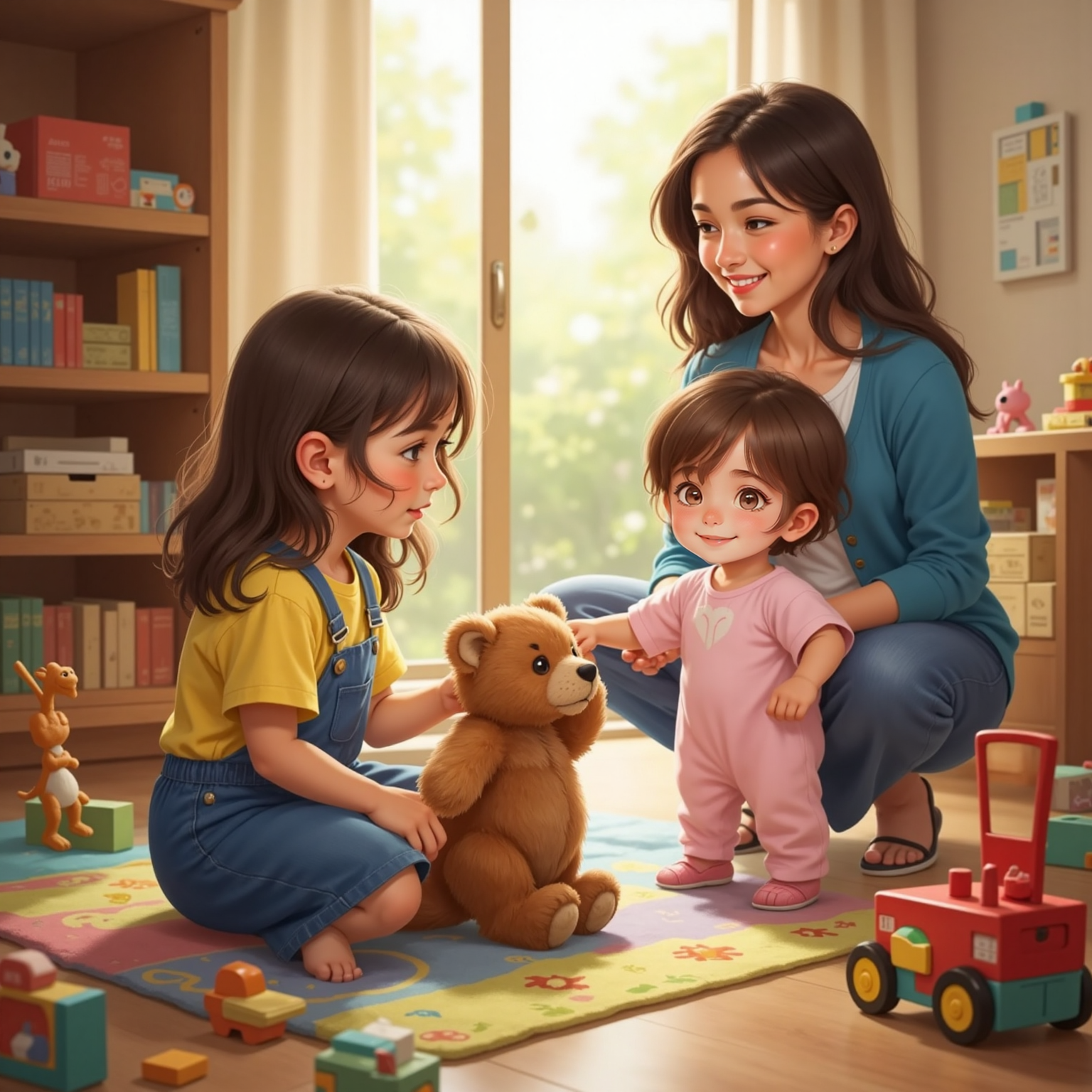 In the playroom bathed in soft afternoon light, Bella sits on the rug reluctantly extending her beloved teddy bear toward Ari, who stands reaching eagerly, while Mom watches from the doorway with an encouraging smile.