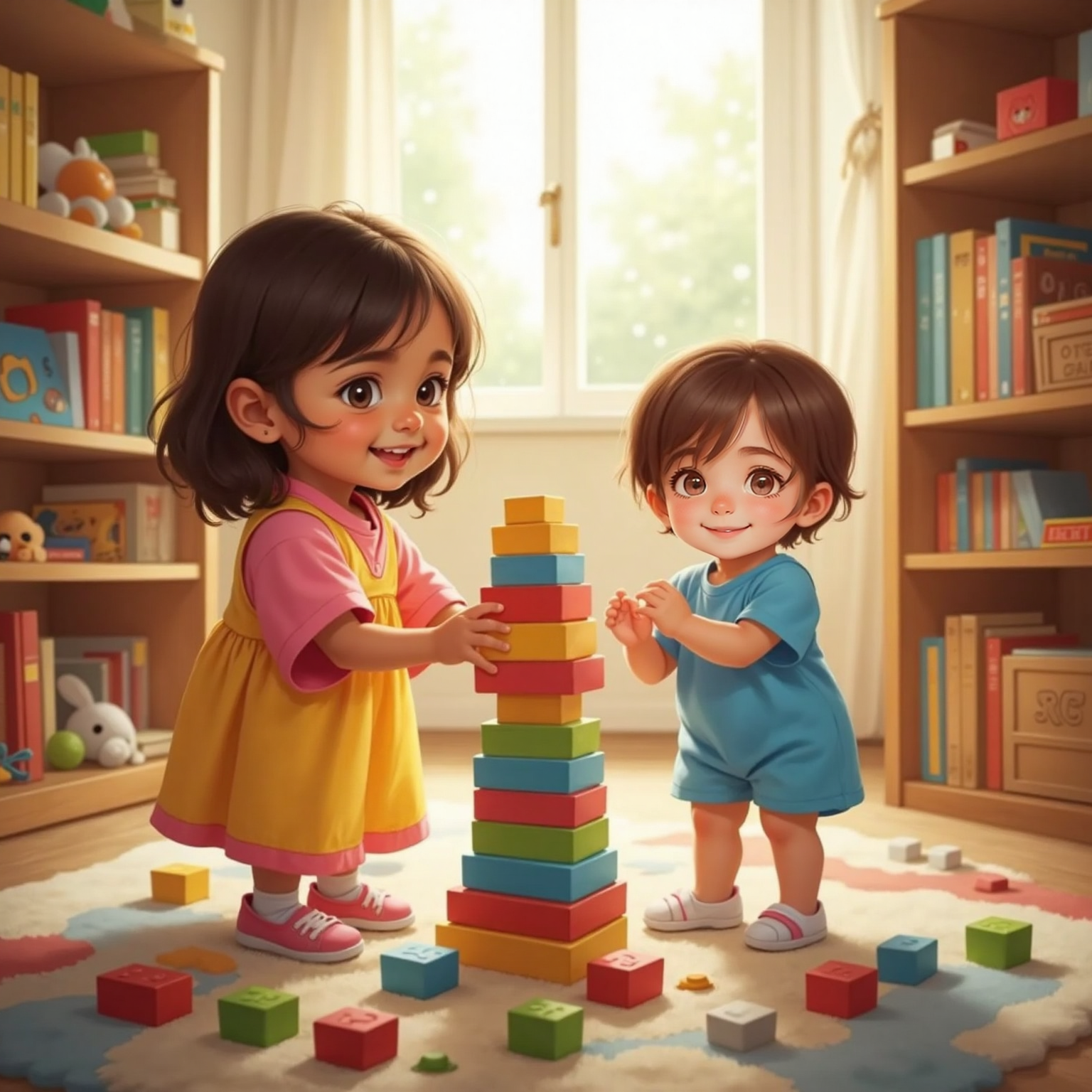 On the nursery floor under midday sunlight, Bella kneels beside a tall rainbow block tower, hands poised to steady it, while Ari claps nearby with wide-eyed excitement, scattered colorful blocks surrounding them.