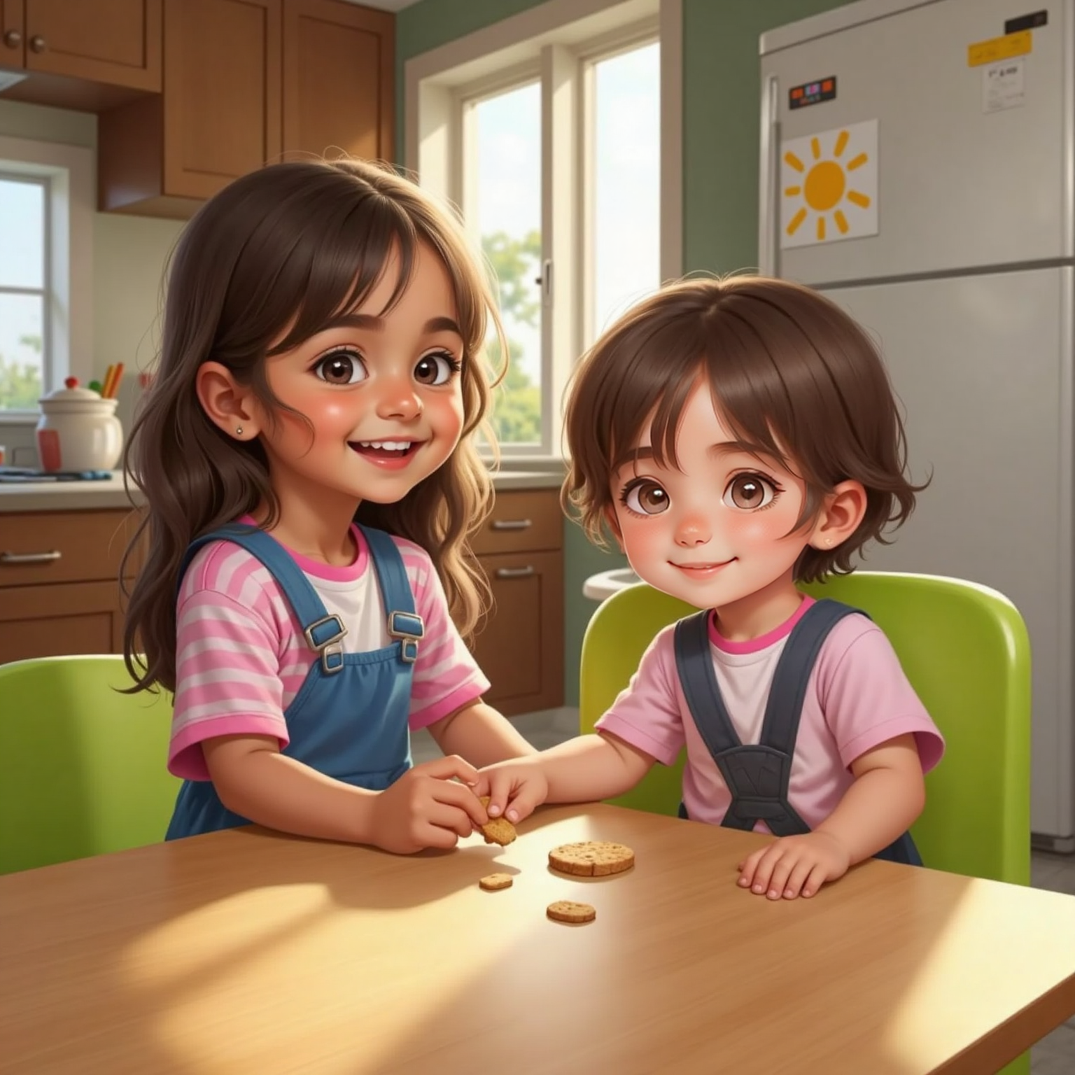 At the family kitchen table in warm afternoon glow, Bella grins and offers a cracker across scattered crumbs to Ari, who stretches tiny fingers forward, highchair pulled close beside Bella’s chair.