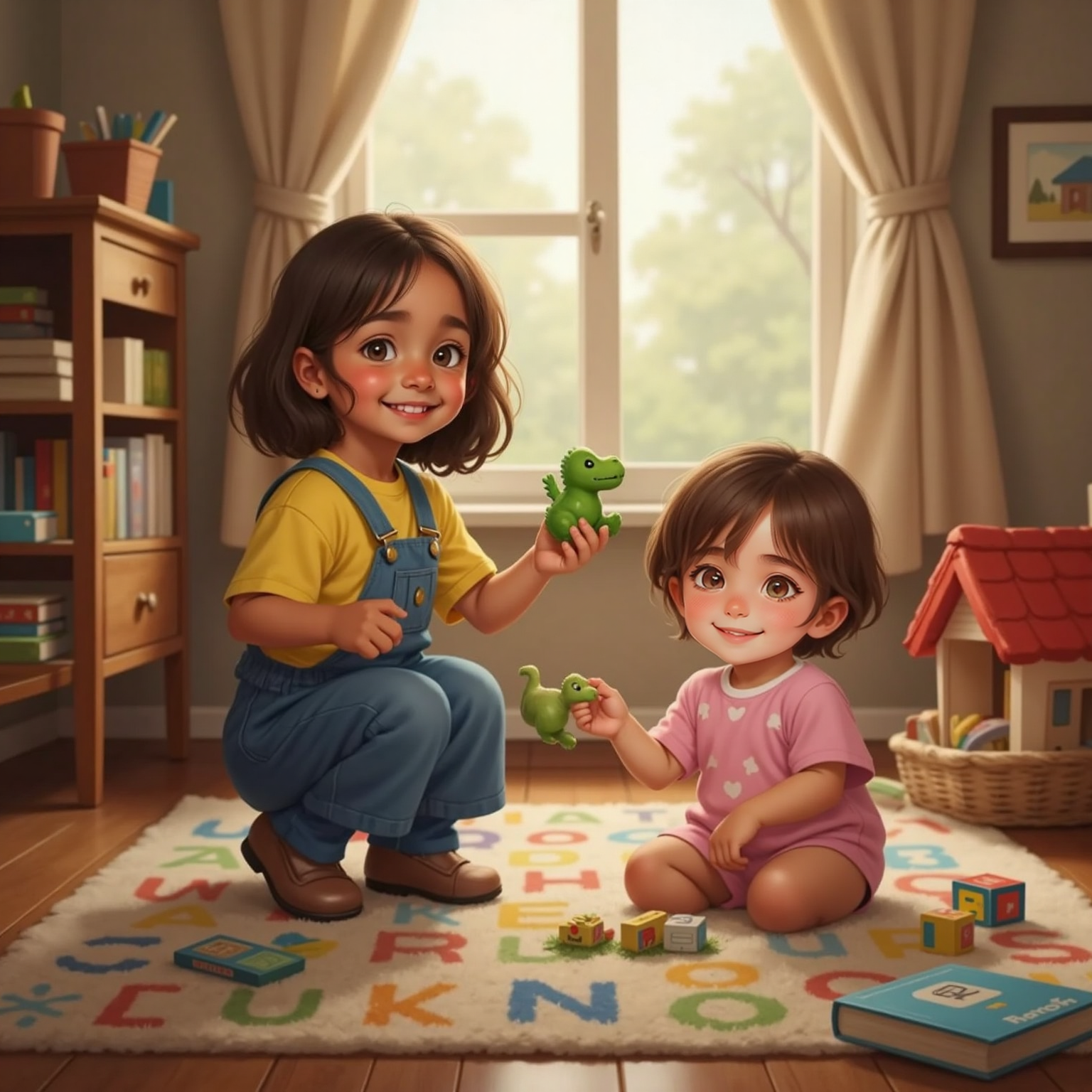 In the cluttered playroom under gentle evening lamplight, Bella kneels triumphantly holding up the recovered toy, presenting it to teary-eyed Ari who sits on the carpet, her frown turning into a relieved smile.