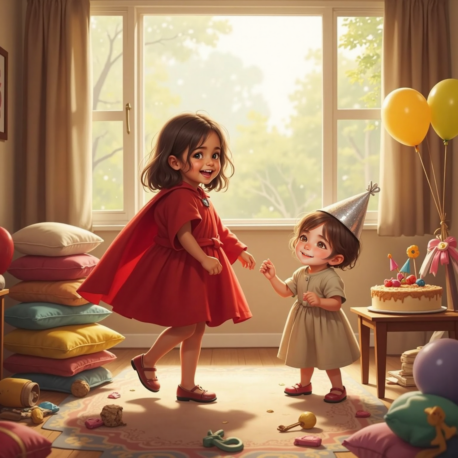 In the brightly lit living room, Bella twirls wearing a makeshift red cape, while Ari beams beneath a silver party hat, both frozen mid-dance atop scattered dress-up clothes.