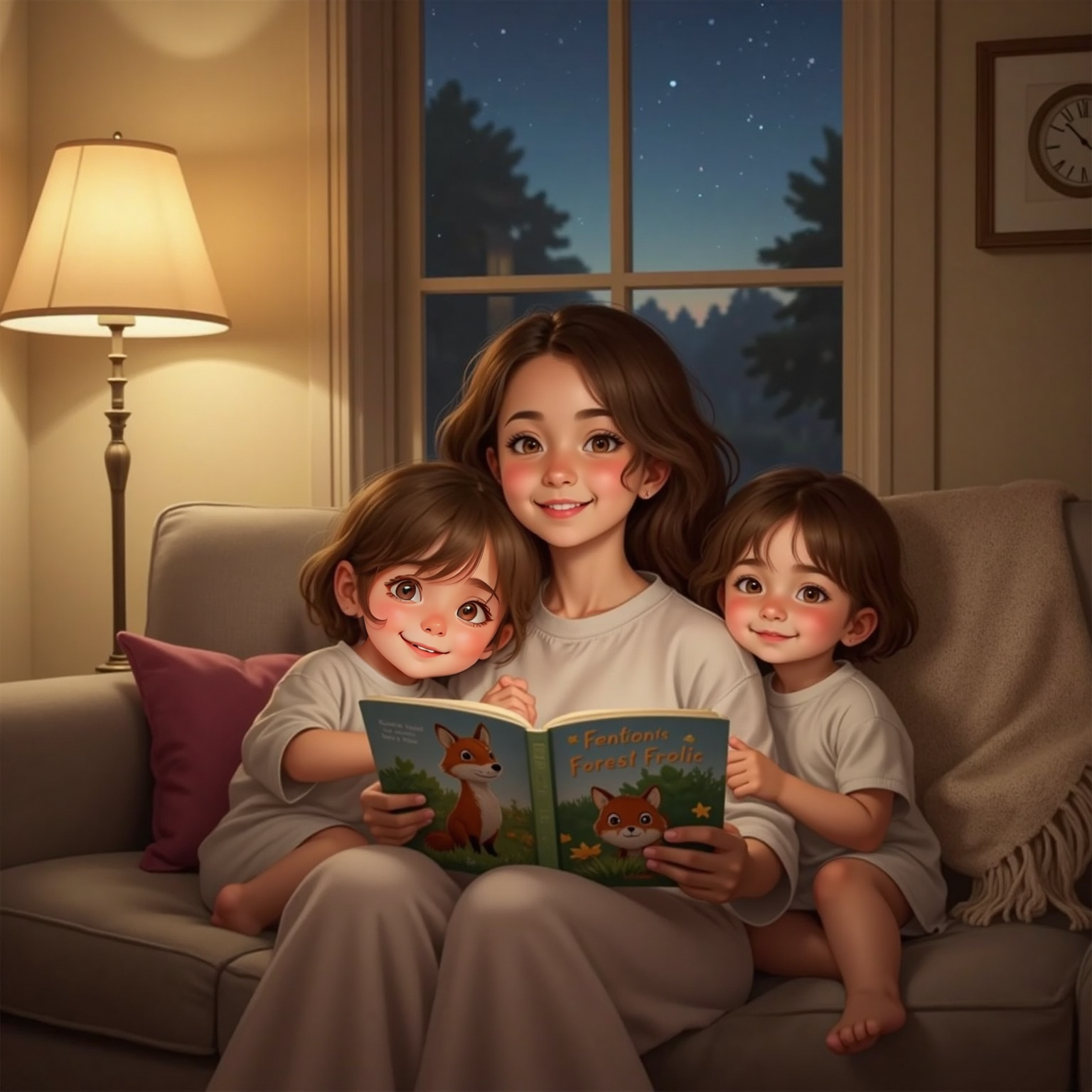 On the cozy couch by a glowing lamp at dusk, Mom holds an open picture book showing a silly fox, Ari snuggles against her giggling, while Bella leans over Mom’s shoulder pulling a funny face.