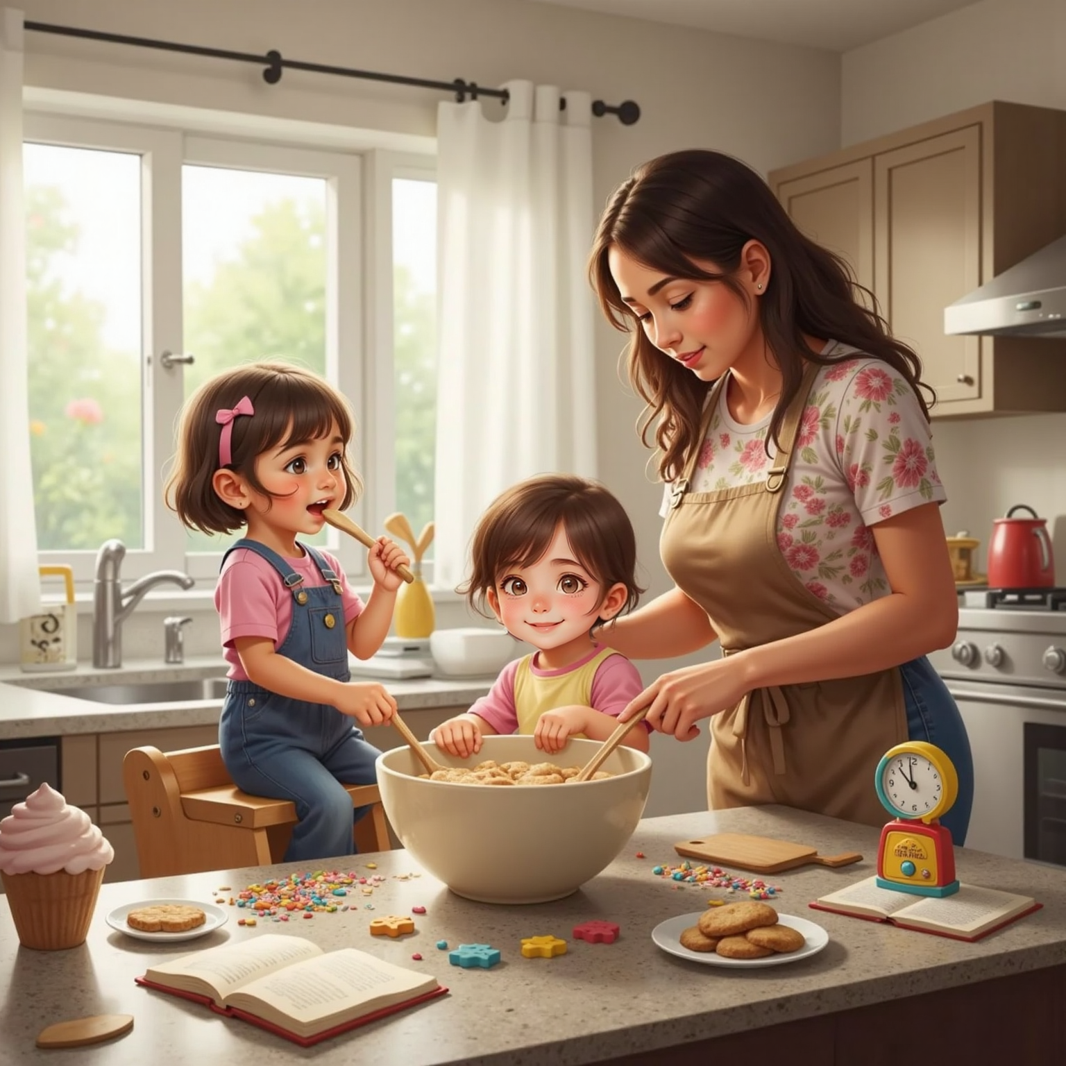 In the bright kitchen afternoon light, Mom steadies a mixing bowl on the counter, Bella stirs the dough with a wooden spoon, and sprinkle-faced Ari sits nearby popping colorful candies into her mouth.