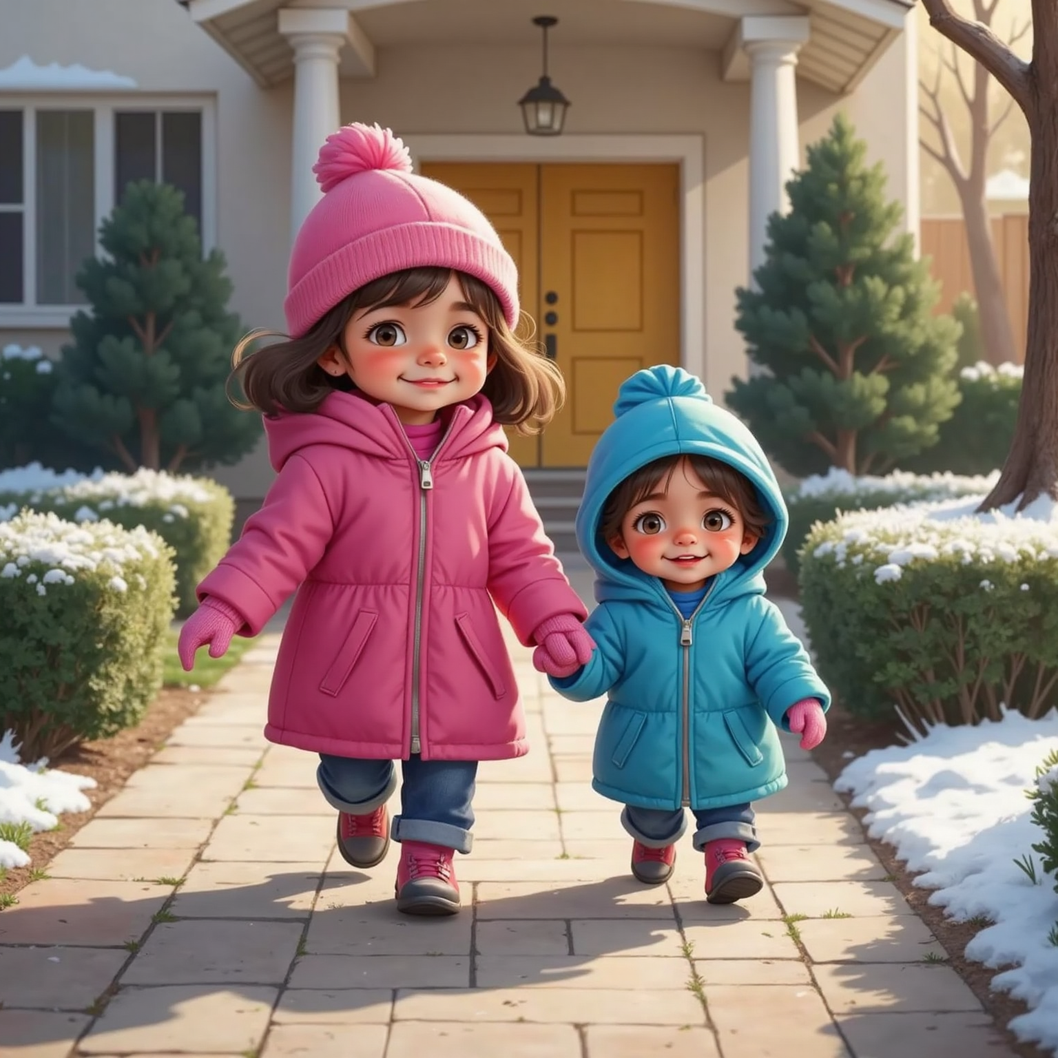 Outside on the sunlit front walkway, bundled Bella clasps Ari’s hand after zipping her own coat, both sisters mid-stride racing toward the sidewalk, breath forming faint clouds in crisp air.