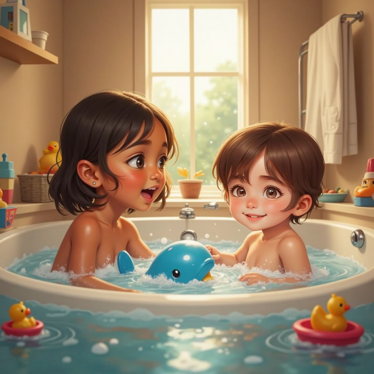 In the warm bathroom under bright ceiling lights, Bella kneels at the tub sharing a squeaky blue whale with Ari, who splashes bubbles skyward, ripples sparkling around their laughing faces.
