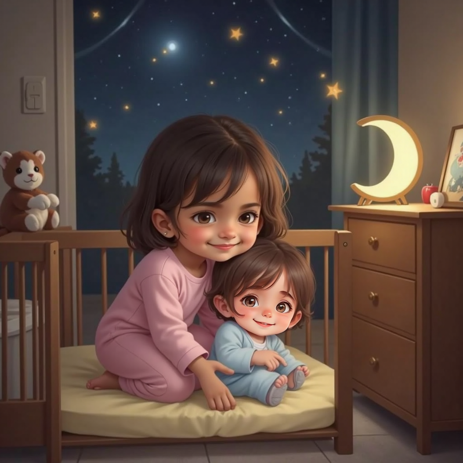 In the dim bedroom lit by glow-in-the-dark star stickers, Bella leans over the crib whispering "I love you" while Ari, clutching Bella’s neck, snuggles under a soft blanket, both illuminated by gentle starlike glimmers.