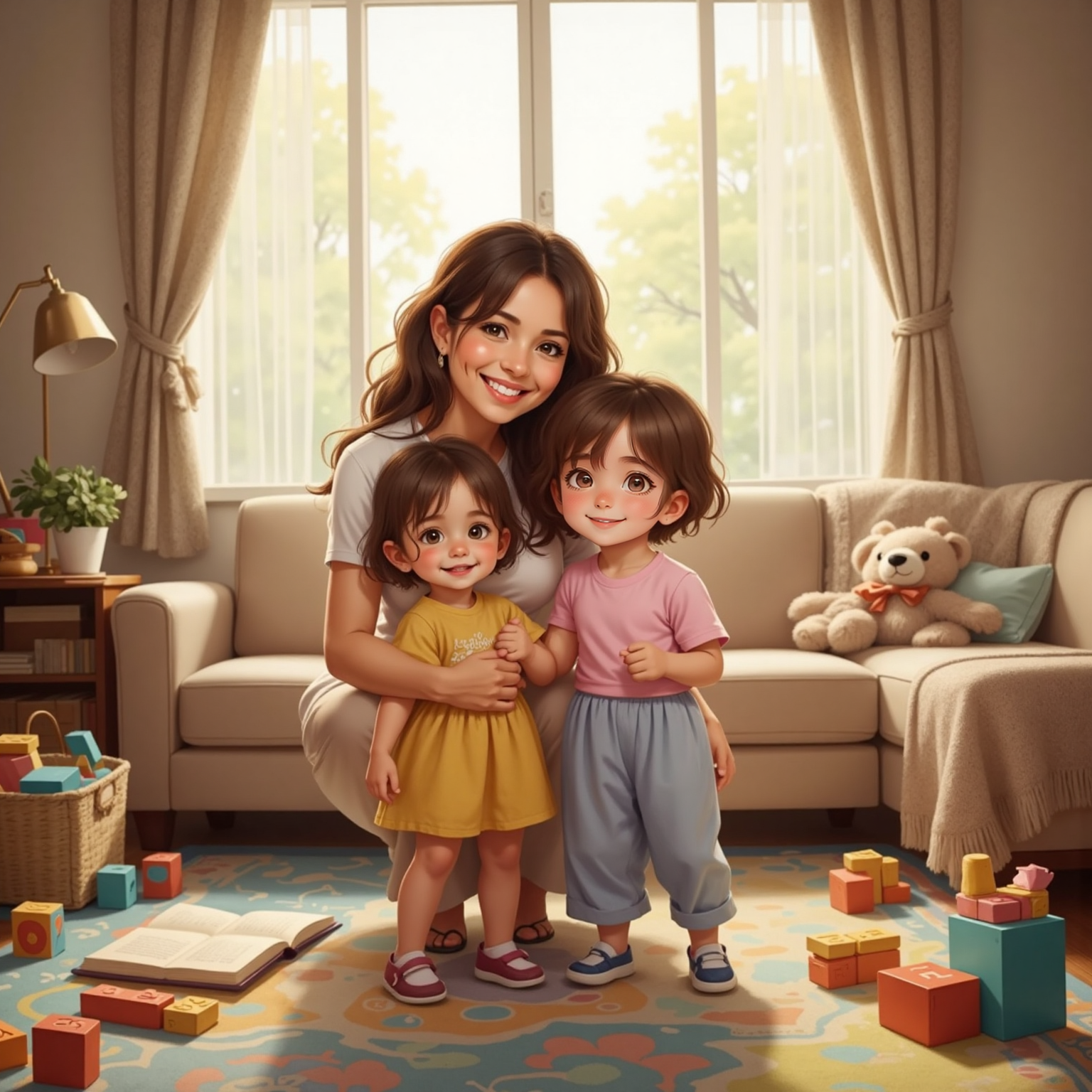 In the living room, morning sunlight streaming through curtains, Mom kneels hugging Bella and Ari tightly, the sisters side by side smiling proudly as colorful toys lie scattered around them.