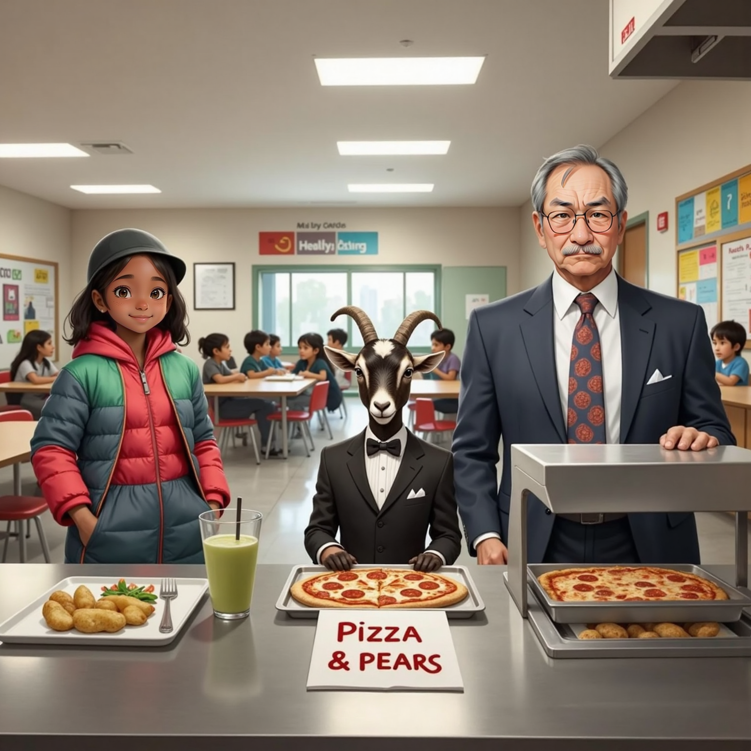 Inside the bright school cafeteria at lunchtime, a tuxedo-wearing goat stands at the food counter, head high beside trays of pepperoni pizza. Gabby giggles next to him while Principal Thunderpants frowns under buzzing fluorescent lights.