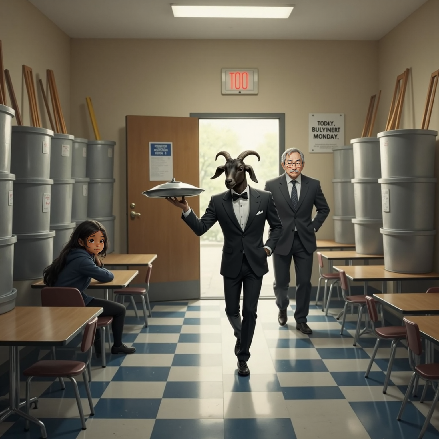 Under dim after-school cafeteria lights, a tuxedo-wearing goat moonwalks past stacked mop buckets, one tray spinning above his hoof. Gabby crouches nearby snapping a phone photo while distant Principal Thunderpants stomps through the doorway.
