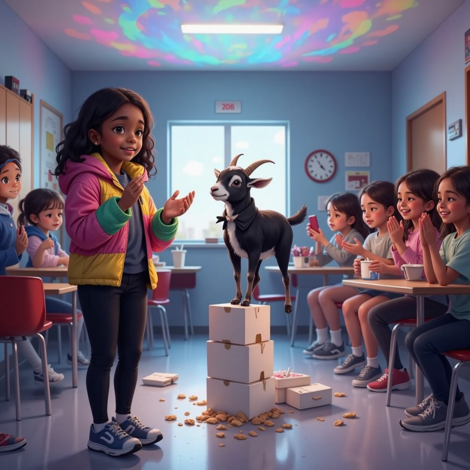 In the lunchroom bathed in colorful disco lights, a tuxedo-wearing goat mid-leap tap-dances on stacked milk cartons while kids with phones cheer around. Gabby stands front-left clapping with wide eyes beside a portable speaker and spilled cartons.