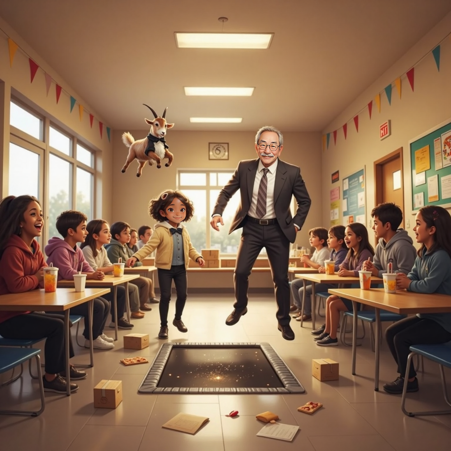 During an evening glow inside the cafeteria, a tuxedo-wearing goat springs high from a trampoline-like floor, sparkles trailing above scattered pizza boxes. Gabby smiles below while mid-air Principal Thunderpants bounces beside him as students cheer around.