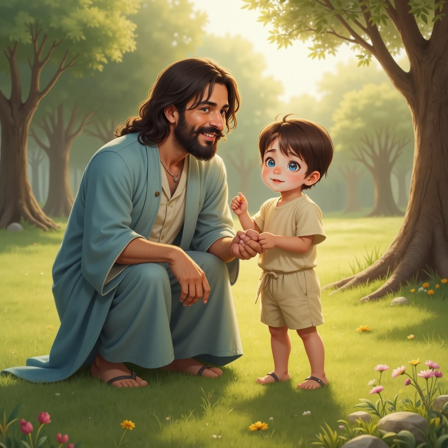 On a sunlit patch of ground, JESUS kneels on one knee, smiling warmly, while John Jr stands close, gazing up with wide curious eyes. No other people are nearby.