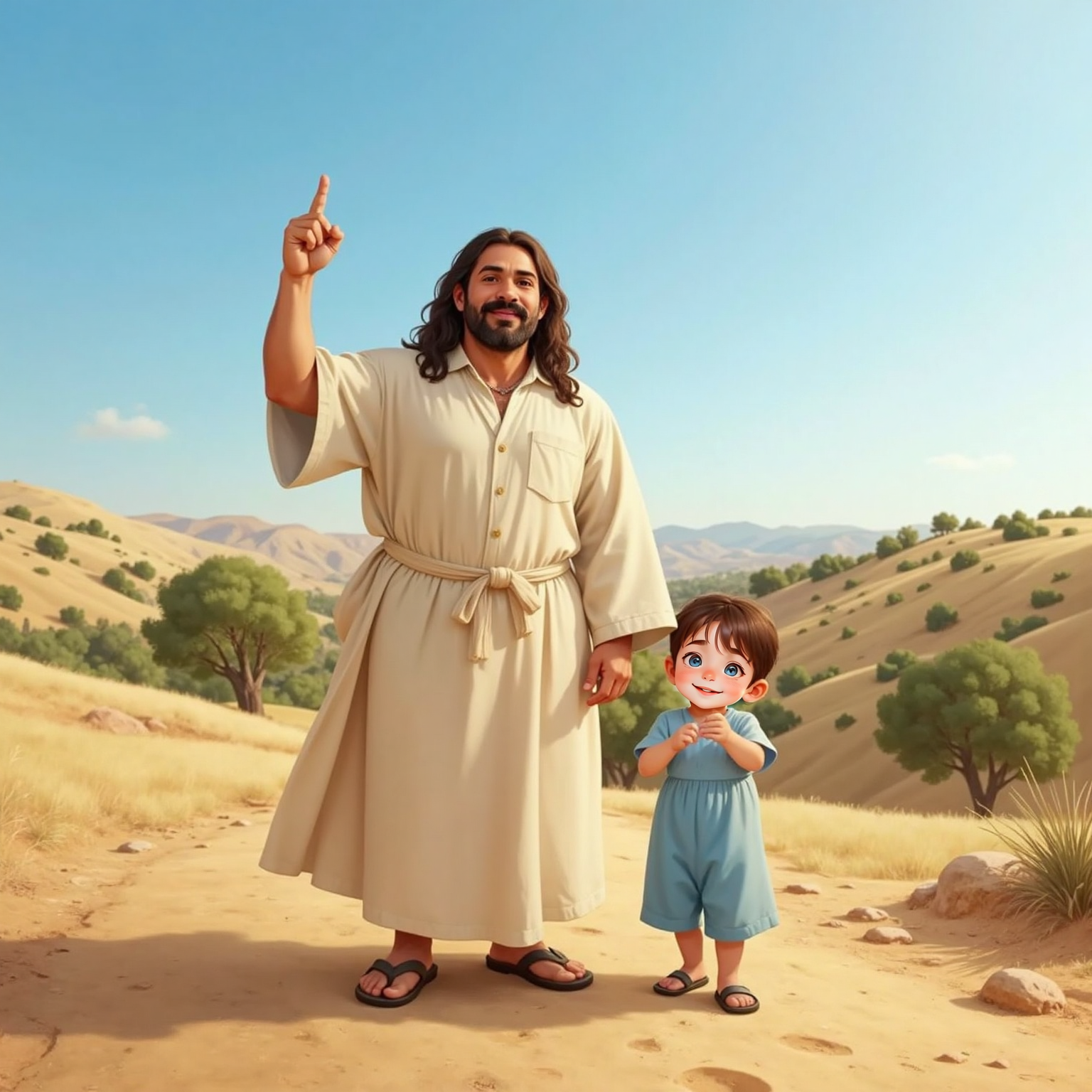 On the same bright ground under the blazing noon sun, JESUS points upward as John Jr claps excitedly, both faces lit by strong daylight. Bright sunlight highlights the scene.