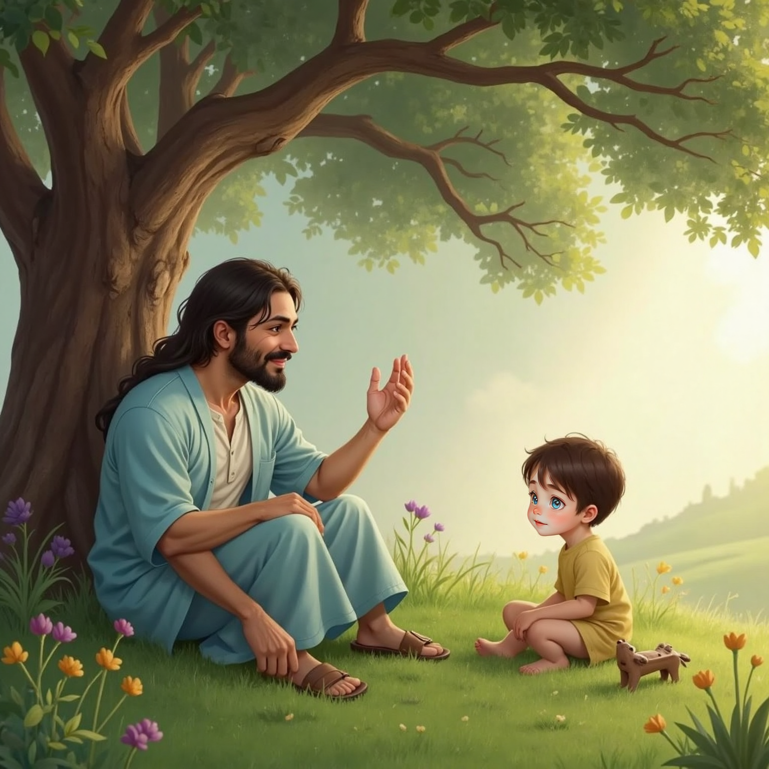 In a shaded spot on the ground, JESUS gestures thoughtfully, telling Abraham's story, while John Jr sits cross-legged, eyes bright and attentive. Cool shadow frames them.