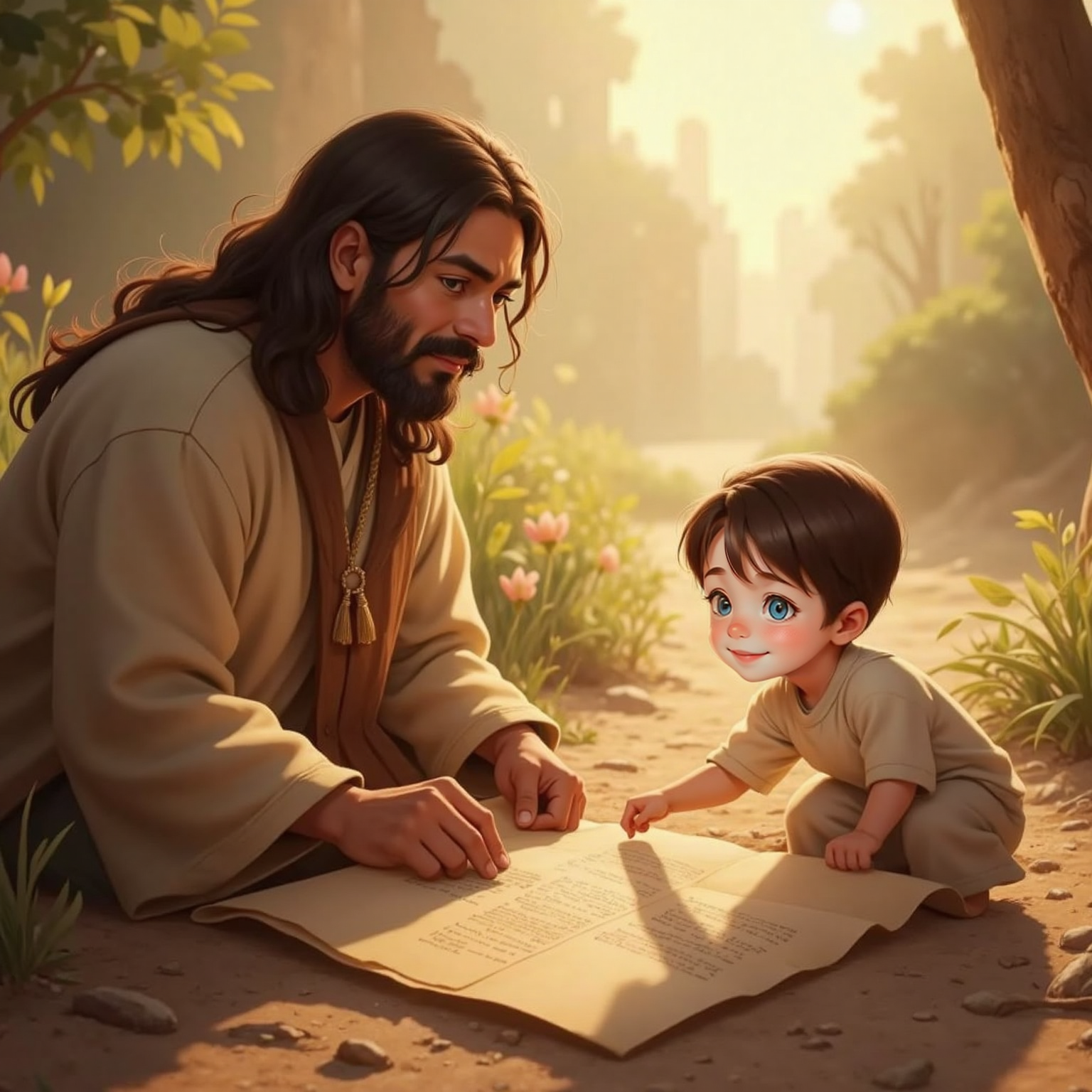 Under warm afternoon light, JESUS unrolls a long parchment across the ground; John Jr leans forward, fingertip following the faint lines with fascinated expression. Dust motes sparkle in the sunlight.