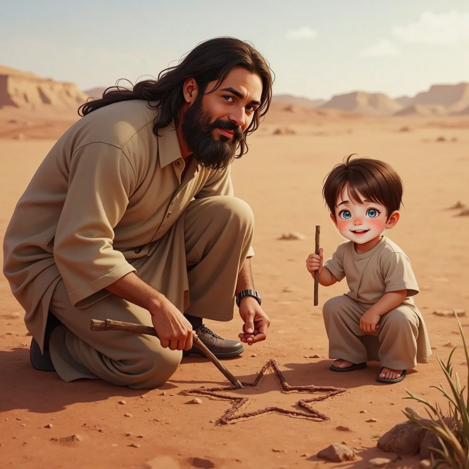 On the dusty ground, JESUS draws a six-pointed star with a stick, sunlight casting clear shadows; John Jr kneels beside him, giggling as he scratches a smaller, wobbly star. Their knees are lightly dusted with dirt.