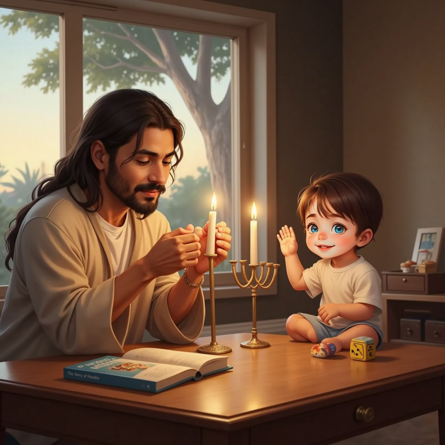 As evening light softens, JESUS holds up two unlit candles, describing Hanukkah; John Jr smiles broadly, hands lifted in pretend song. Warm glow from the sky backlights them.