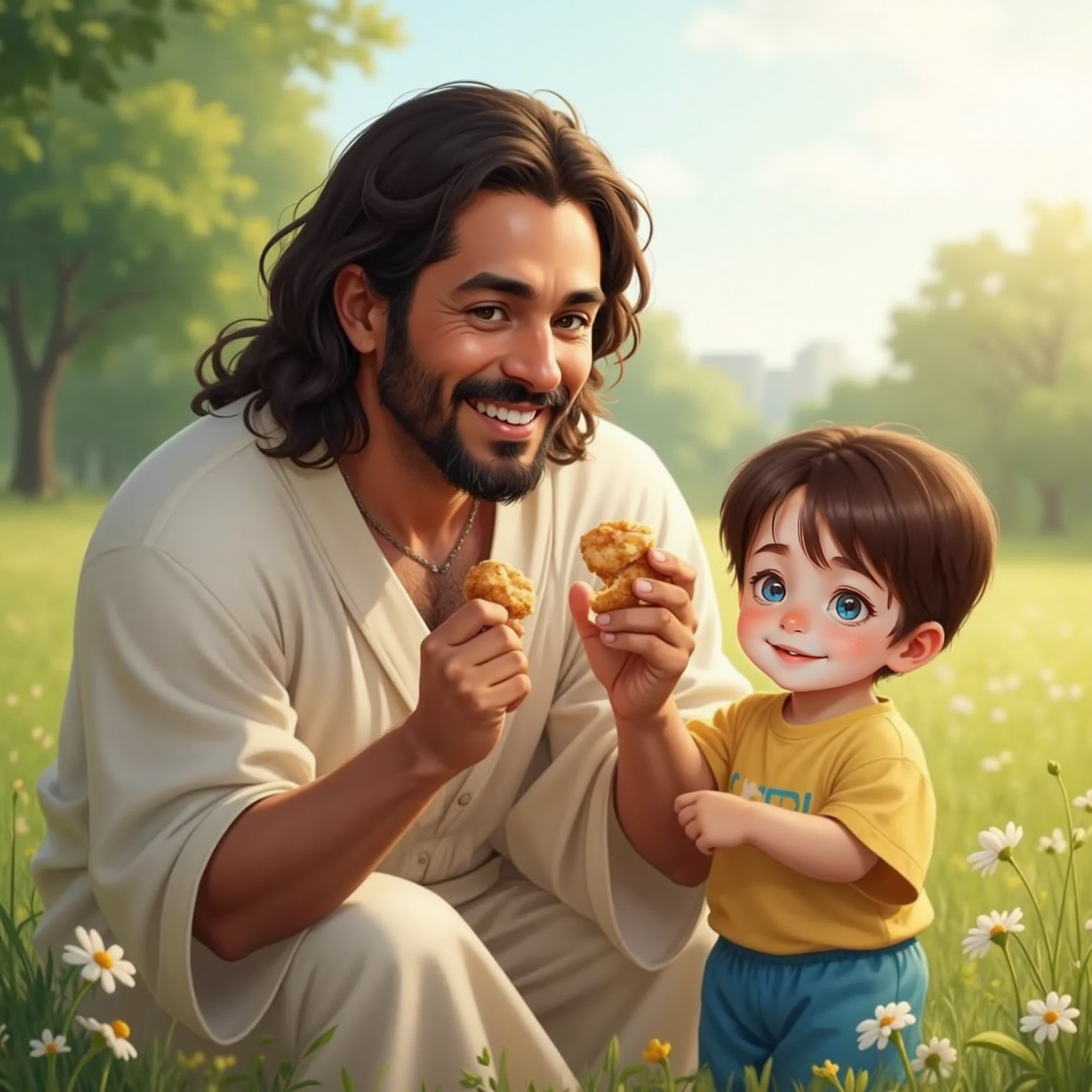 In bright morning light, JESUS pretends to munch an invisible treat, eyes crinkled with laughter; beside him, John Jr flaps his arms happily, shouting 'Yummy!' No actual food is present, emphasizing their playful pretend.