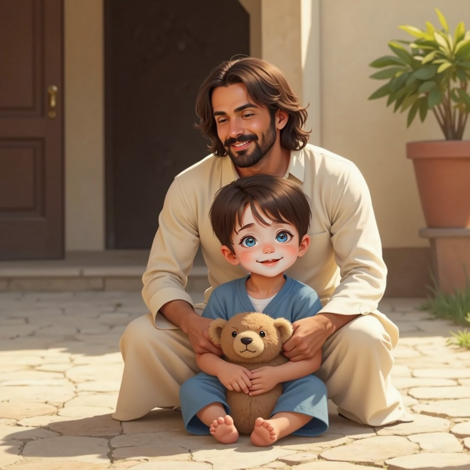 Beneath gentle daylight, John Jr hugs a small brown teddy while sitting on the ground; standing behind him, JESUS pats the boy’s head with tender smile. The teddy’s button eye catches a glint of sun.