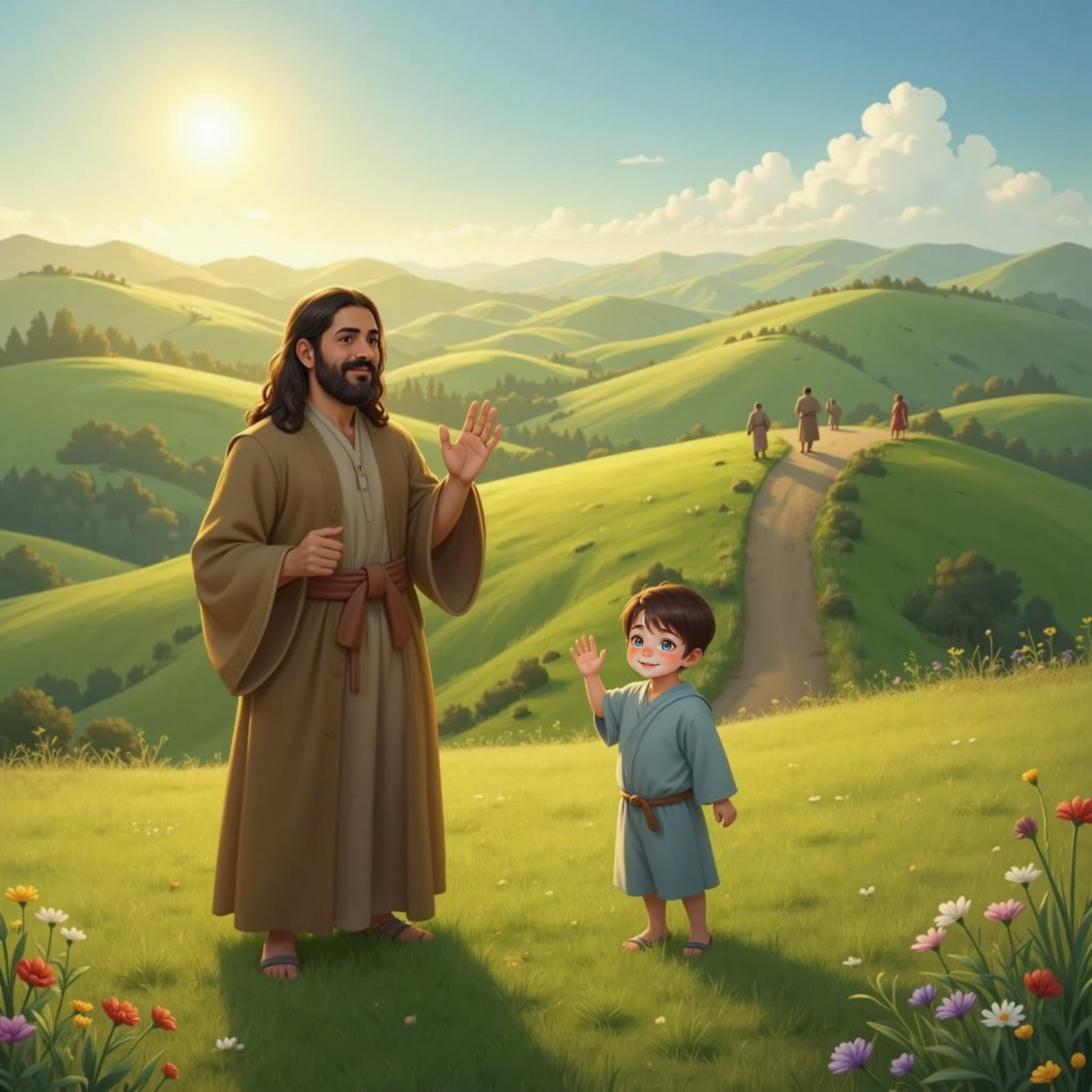 Standing on open ground, JESUS waves toward a small group of distant passersby in soft afternoon light; John Jr, arm high and grinning, mirrors the gesture. The background figures return friendly waves.