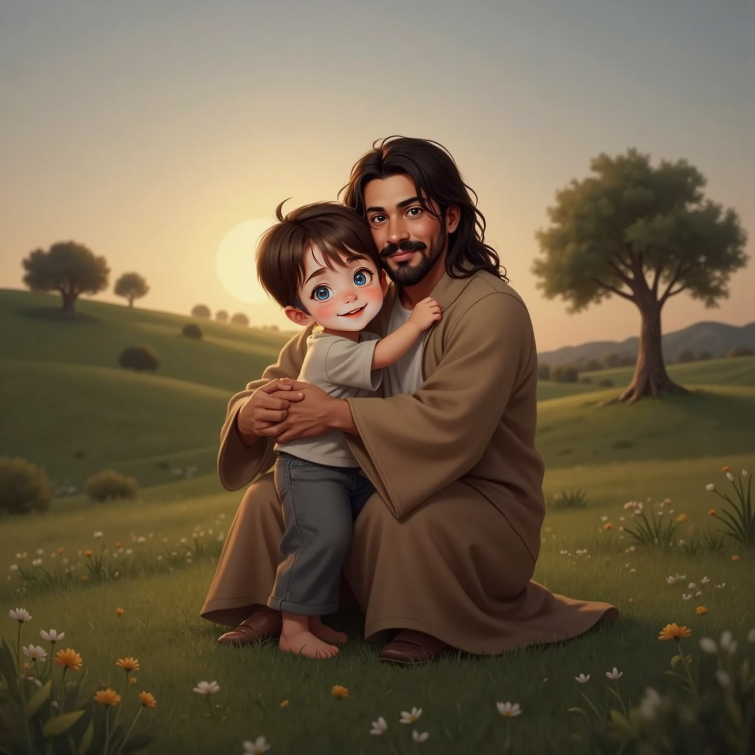 In the quiet dusk light, John Jr wraps both arms around JESUS’s waist, joyful face pressed to his robe, while JESUS bends and hugs him back, eyes proud. Long shadows stretch across the ground.