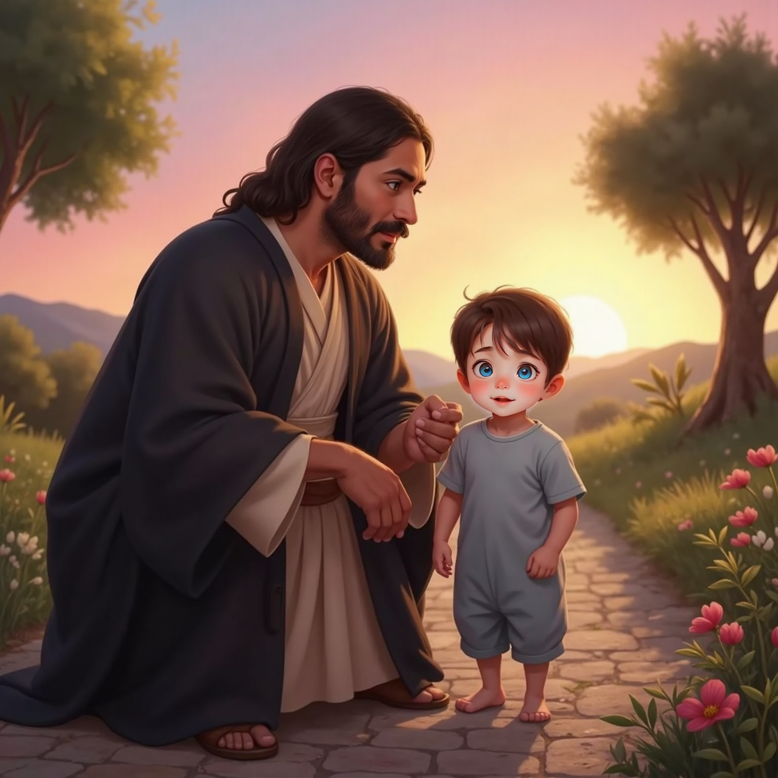 By fading sunset glow, JESUS leans closer, speaking softly of being Jewish; John Jr, standing beside him, gazes up wide-eyed, mouth open in delighted surprise. Warm pink light bathes their faces.