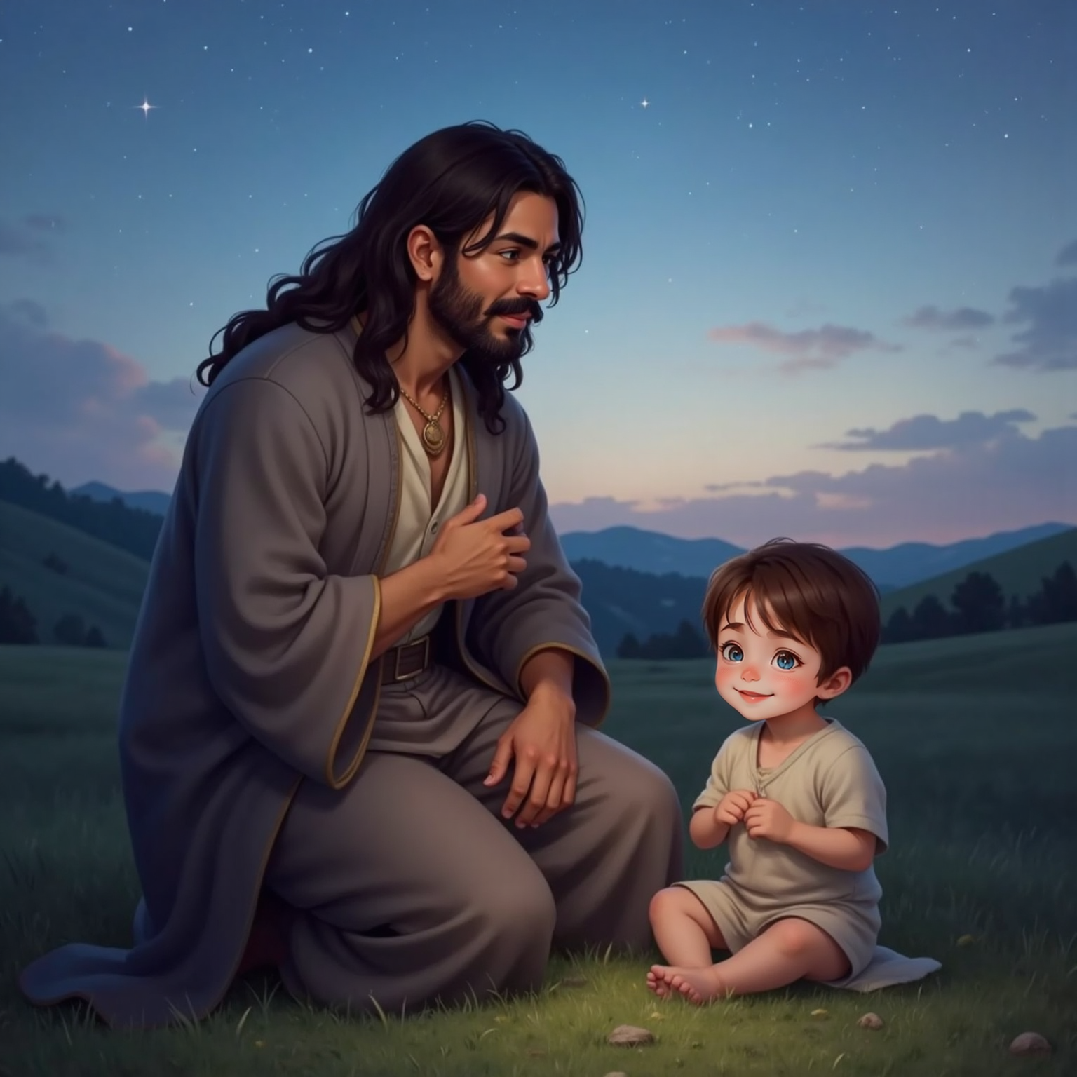 Under early evening sky, JESUS kneels, palm over heart, while John Jr nods happily, small hands clasped; the ground around them is bathed in calm twilight. Soft blue tones fill the scene.