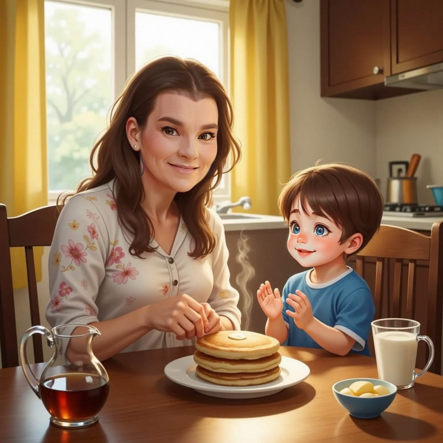 In the sunny kitchen morning, Granny sits at a wooden table plating steaming pancakes while smiling at John Jr, who sits opposite in a high chair clapping happily; syrup, butter, and a small cup decorate the table.
