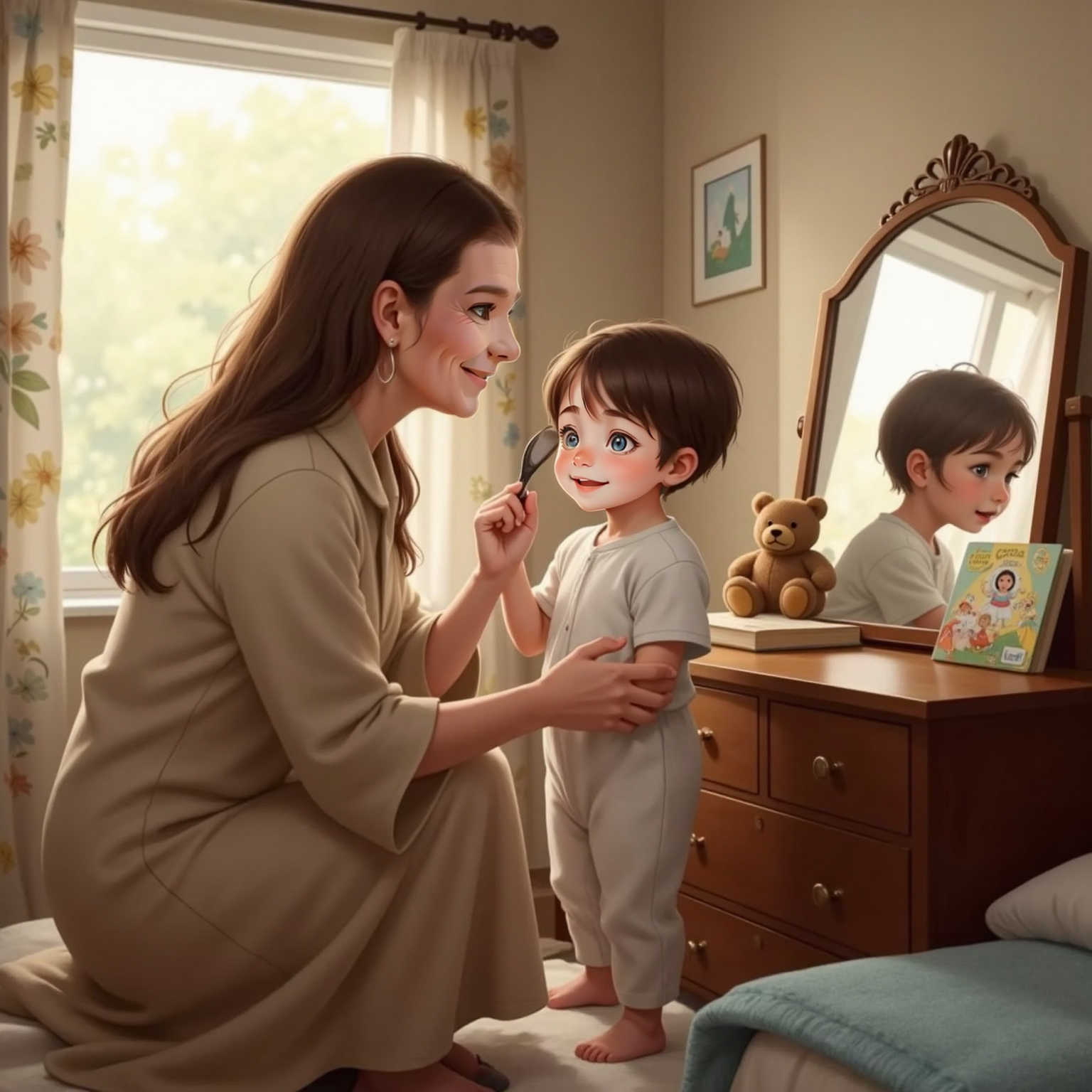 Inside the cozy bedroom, morning light filters through curtains; Granny kneels brushing John Jr's short brown hair before a dresser mirror, while John Jr giggles and gently pats Granny's long brown hair, both faces bright with affection.