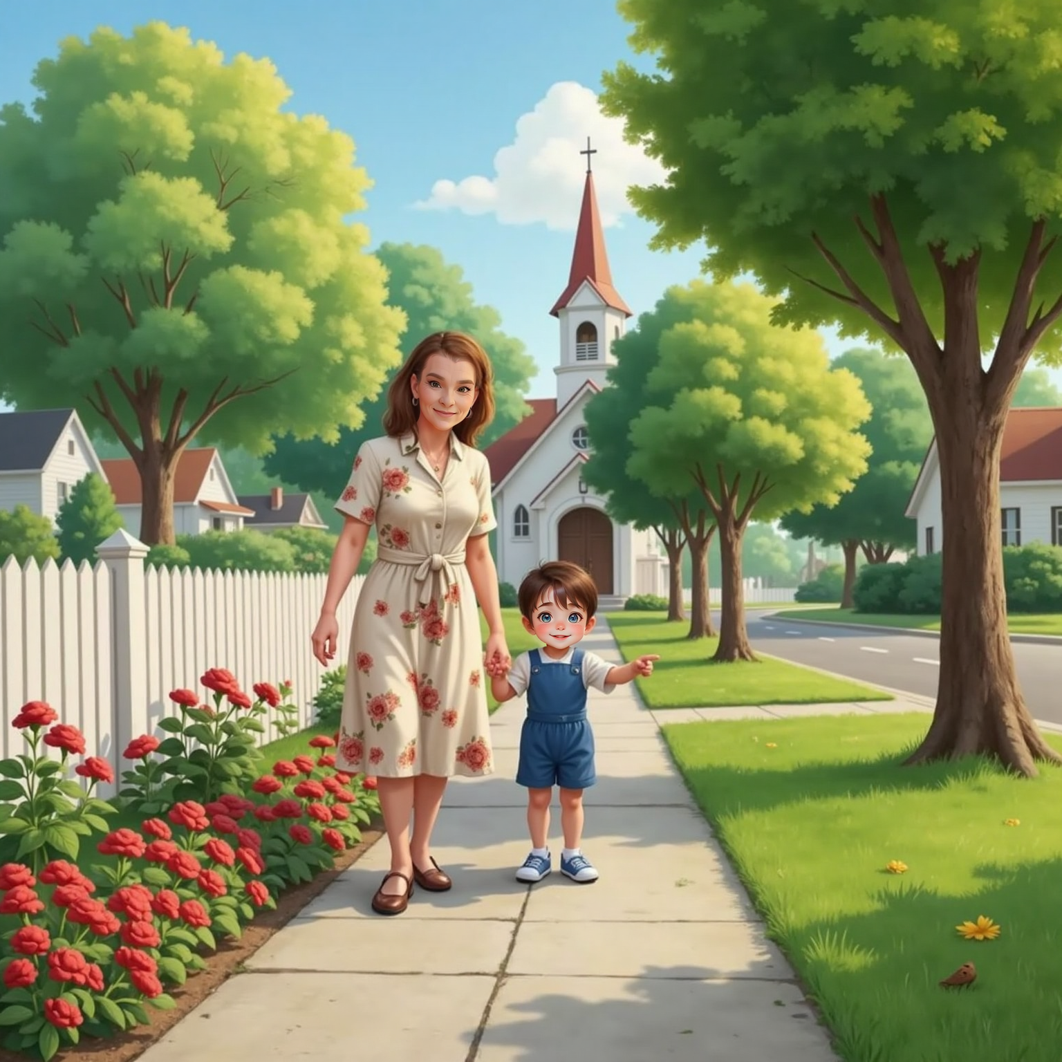 On a sunlit neighborhood sidewalk, Granny walks holding John Jr's hand, pointing toward blooming red flowers along the path; birds flutter overhead and a distant white church steeple rises above green trees against a clear blue sky.