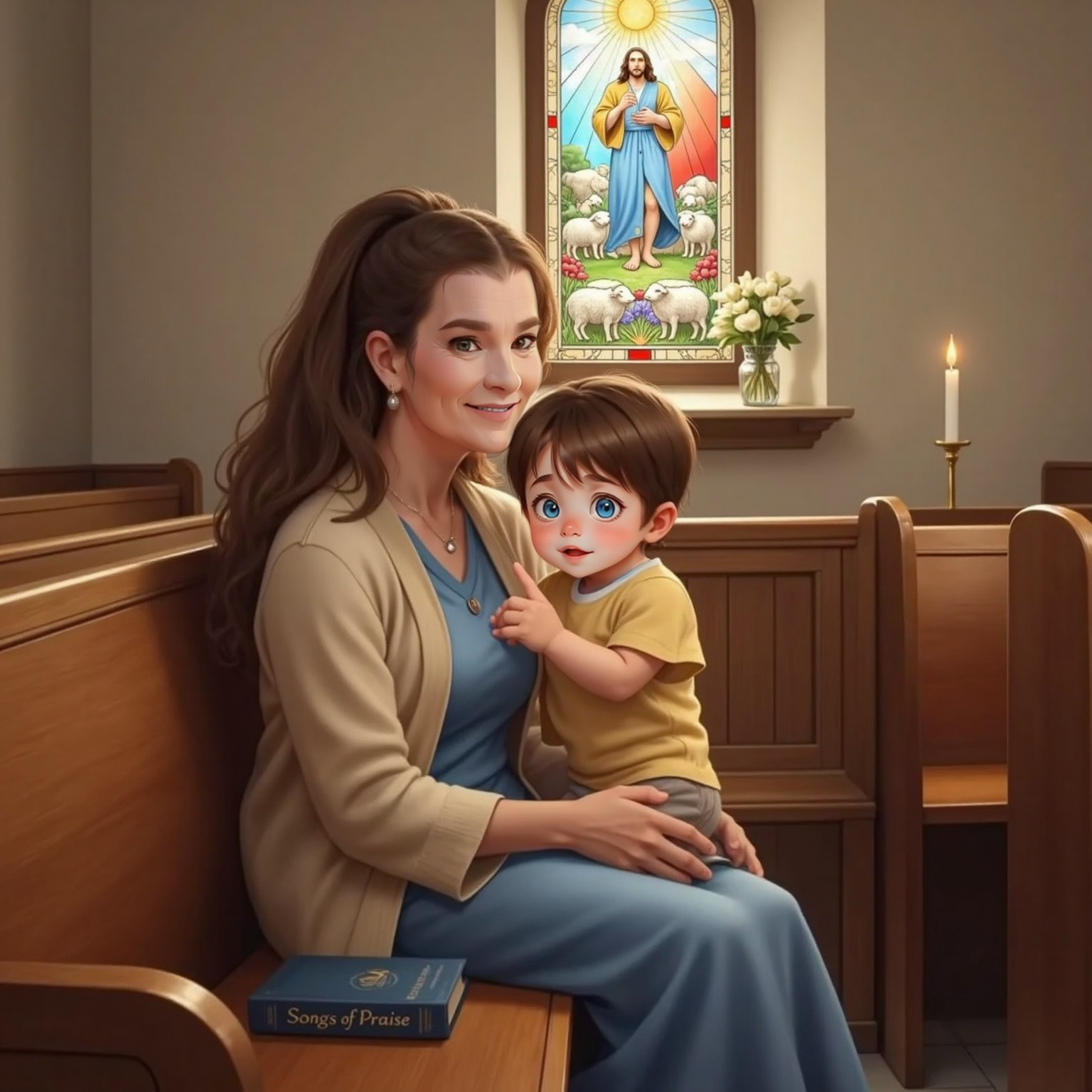Inside the softly lit church, colored sunlight streams through a stained-glass window of Jesus with sheep onto Granny and John Jr seated in a wooden pew; John Jr leans forward, eyes wide, while Granny whispers beside him.