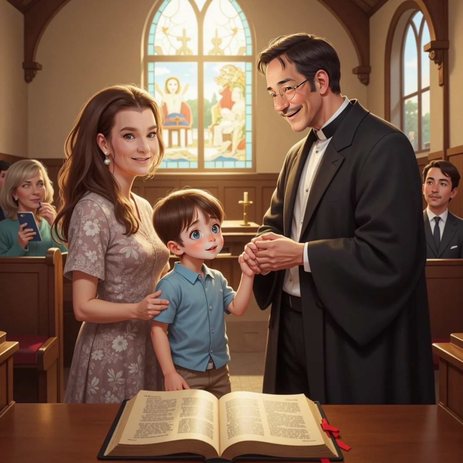From their pew inside the bright church, Granny squeezes John Jr's small hand while the pastor speaks at the pulpit; John Jr listens wide-eyed, sunlight catching his face, and the open Bible rests on the pew in front.