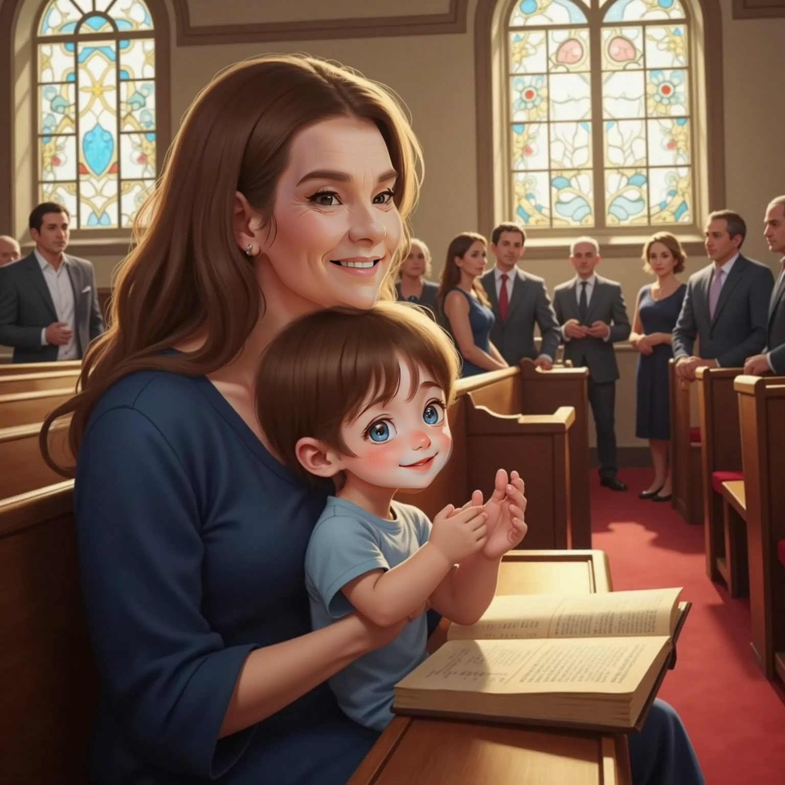 During the hymn, afternoon light fills the church; Granny sits with John Jr on her lap, smiling as she softly sings, while John Jr claps rhythmically, a hymnbook open on the bench and other congregants standing beyond.
