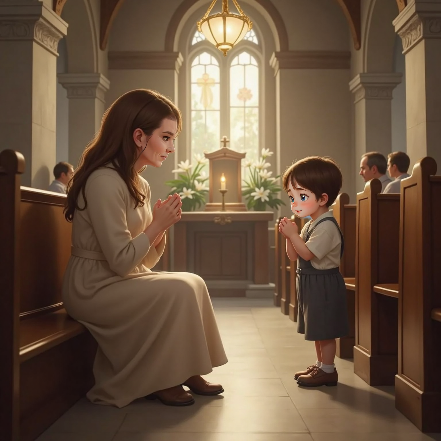 In the quiet sanctuary, warm lamplight hangs overhead as everyone bows; Granny kneels at the pew edge, hands folded, eyes closed, while John Jr mimics the pose but peeks one eye open, a serene altar visible in background.