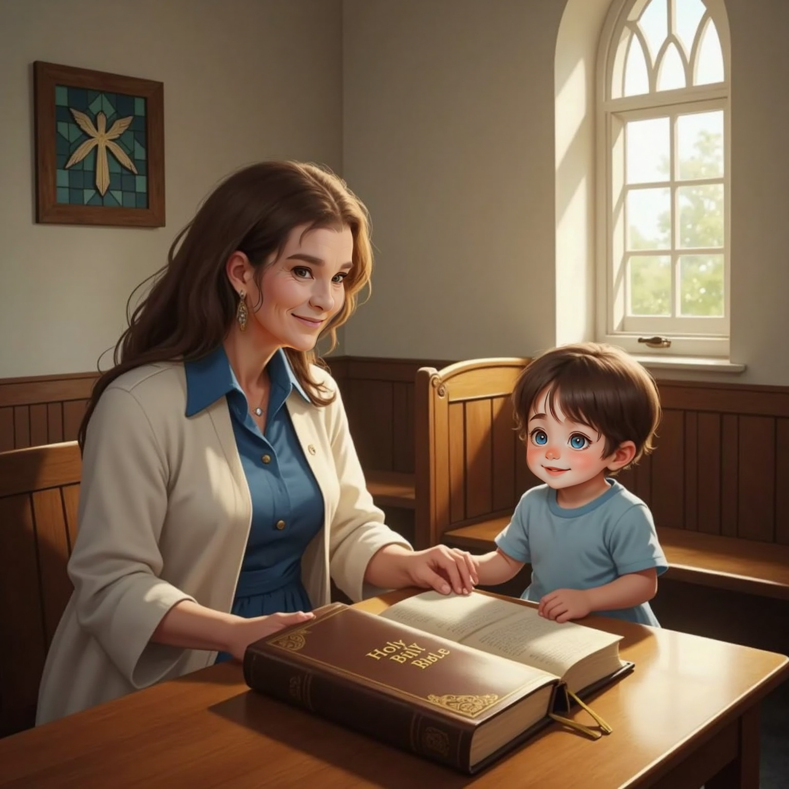 Inside a small church side room bathed in afternoon sunlight, Granny holds a large leather-bound Bible open on a wooden table while John Jr, standing on tiptoe, touches the embossed cover with curious eyes and a slight smile.