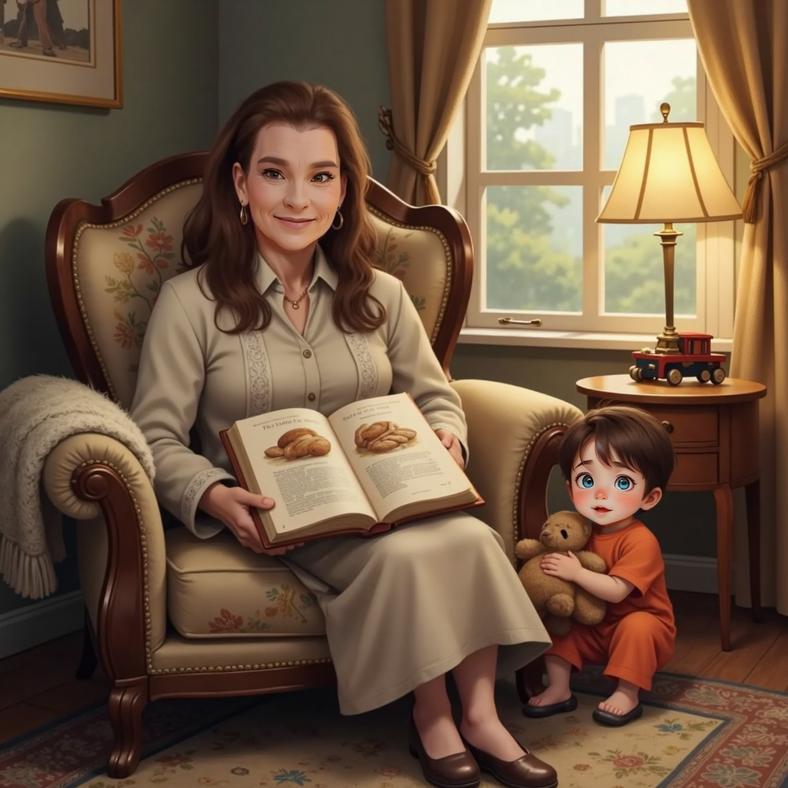 In Granny's cozy living room lit by a late-afternoon lamp, Granny sits in a floral armchair reading the open Bible showing loaves while John Jr, on the rug hugging a brown teddy bear, gazes up in awe.