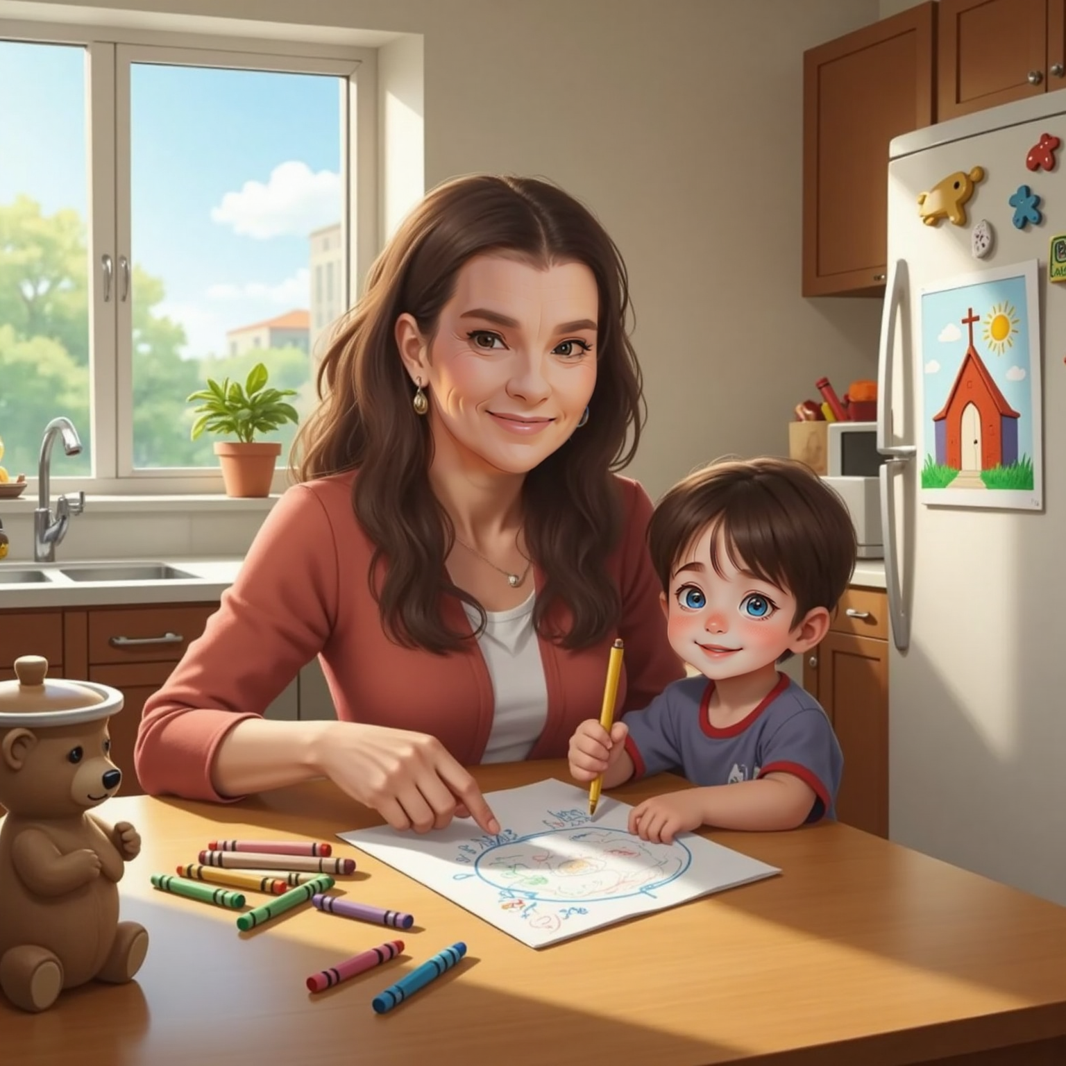 At the bright kitchen table, afternoon sun streaming through windows, Granny sits beside John Jr as they color a church and smiling faces with crayons; their finished picture, secured by magnets, already hangs on the nearby refrigerator.